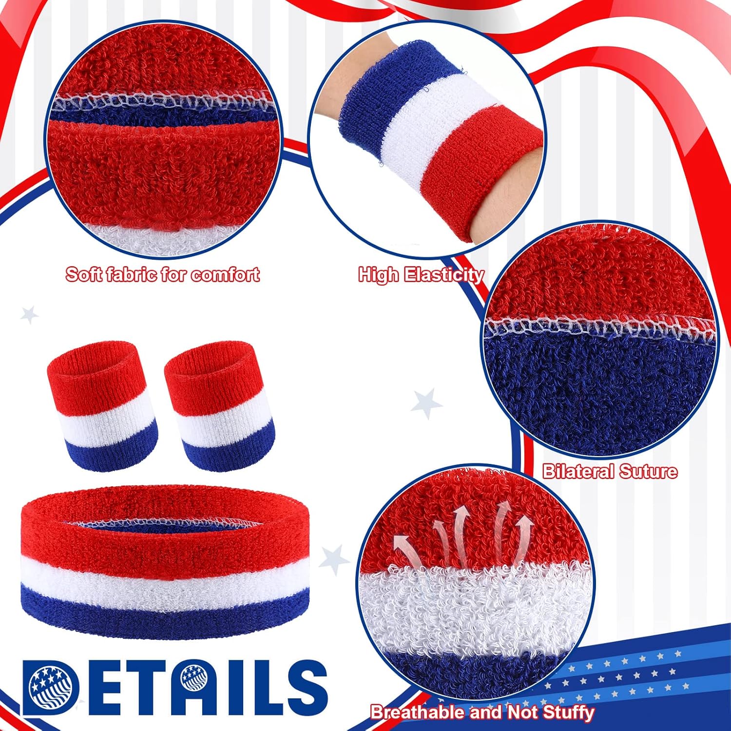 Deekin 12 Sets Bulk Striped Sweatband Set Kids Headband Wristband Set American Flag Style Athletic Gym Wristbands for Men Women Activities Sports Basketball Football Tennis - Image 3