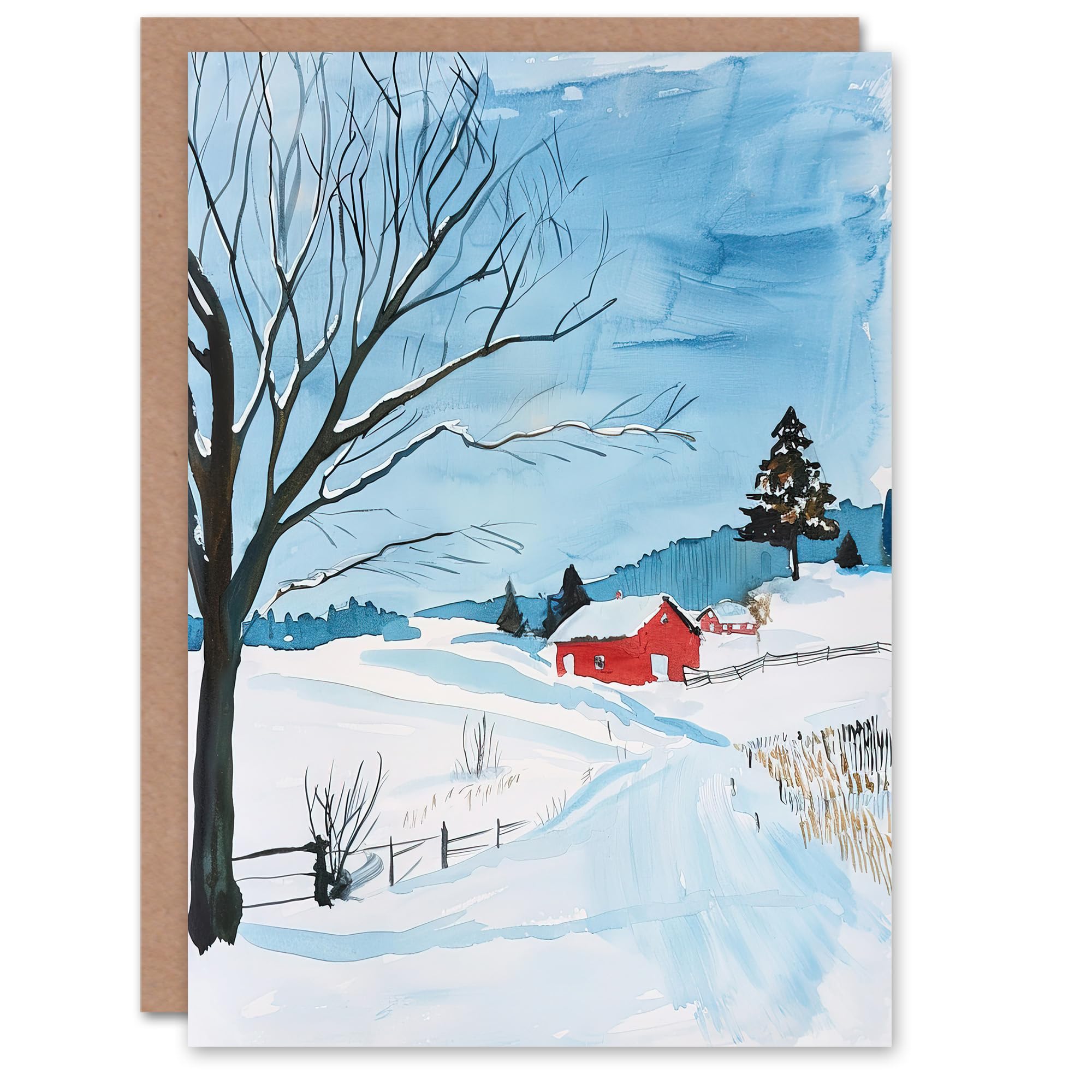 Artery8 Greeting Card Red Swedish Cottage in Winter Snow Countryside Blank For Him Or Her Art Birthday Card