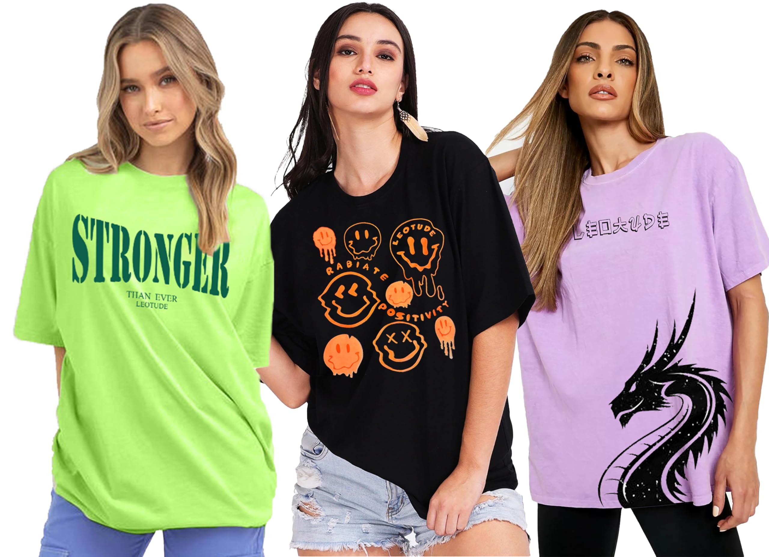 LEOTUDEWomen's Oversized Cottonblend Half Sleeve Drop Shoulder Printed T-Shirt Combo (Pack of 3)