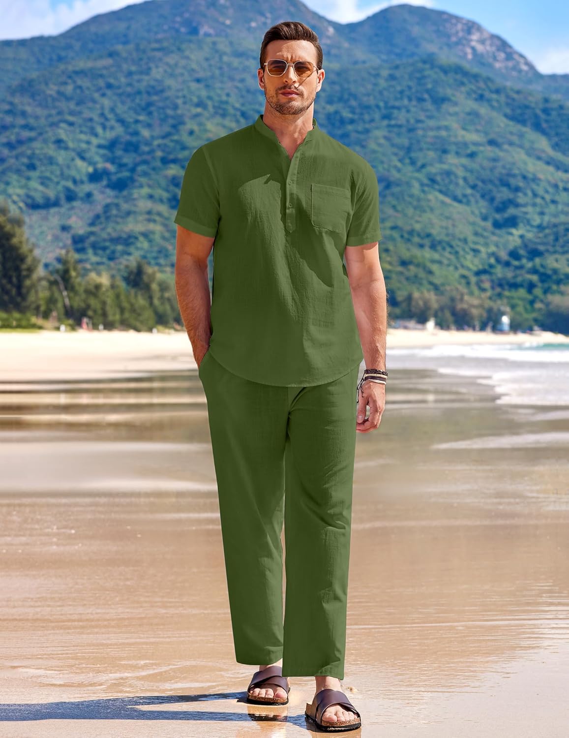 COOFANDY Men's 2 Pieces Cotton Linen Set Casual Short Sleeve Henley Shirts Beach Yoga Pants Summer Outfits - Image 7