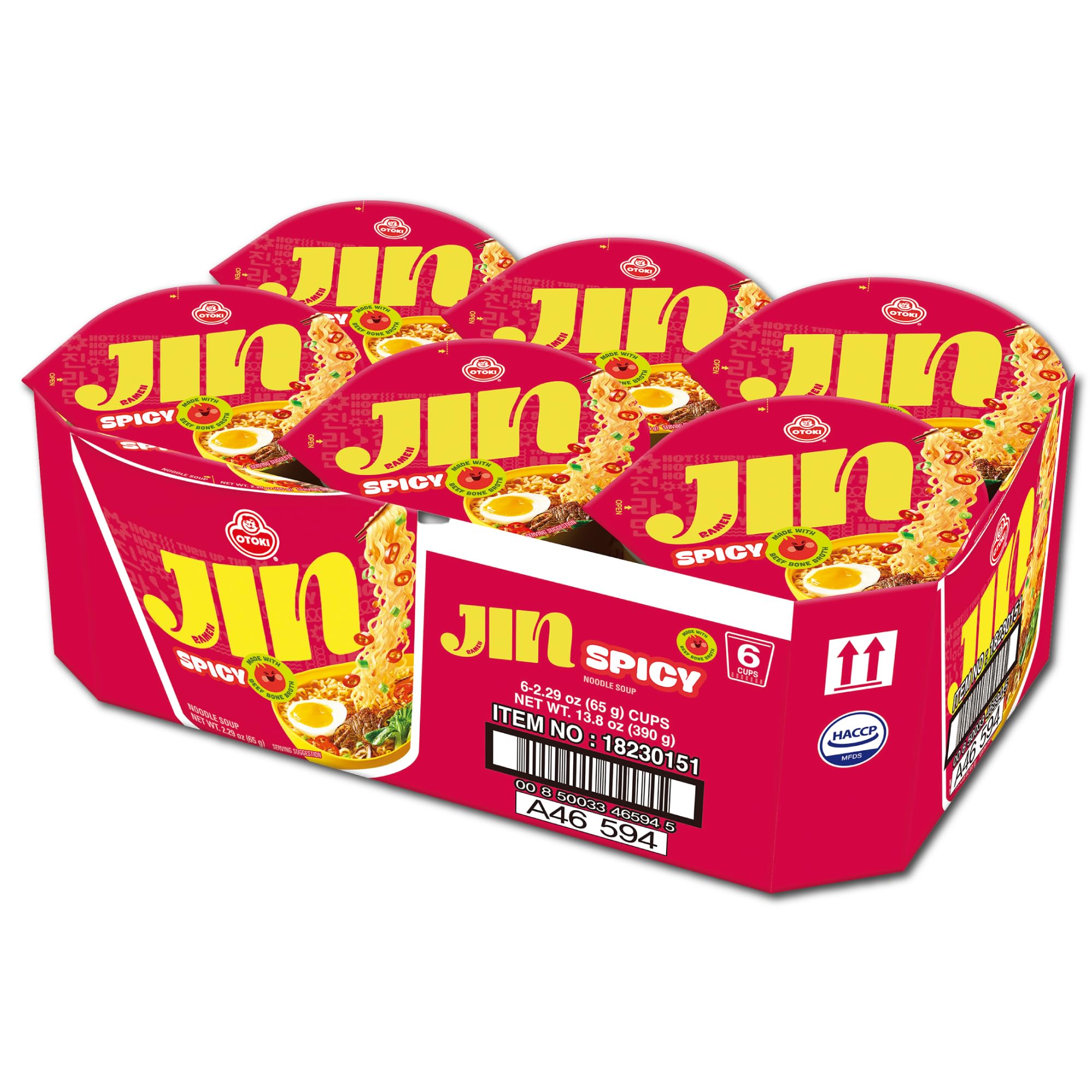 OTOKI Jin Ramen Spicy Cup Noodles – Authentic Korean Instant Cup Ramen with 13-Hour Simmered Beef Bone Broth, Bold & Fiery Flavor, Ready in 4 Minutes, 2.29 oz (Pack of 6)