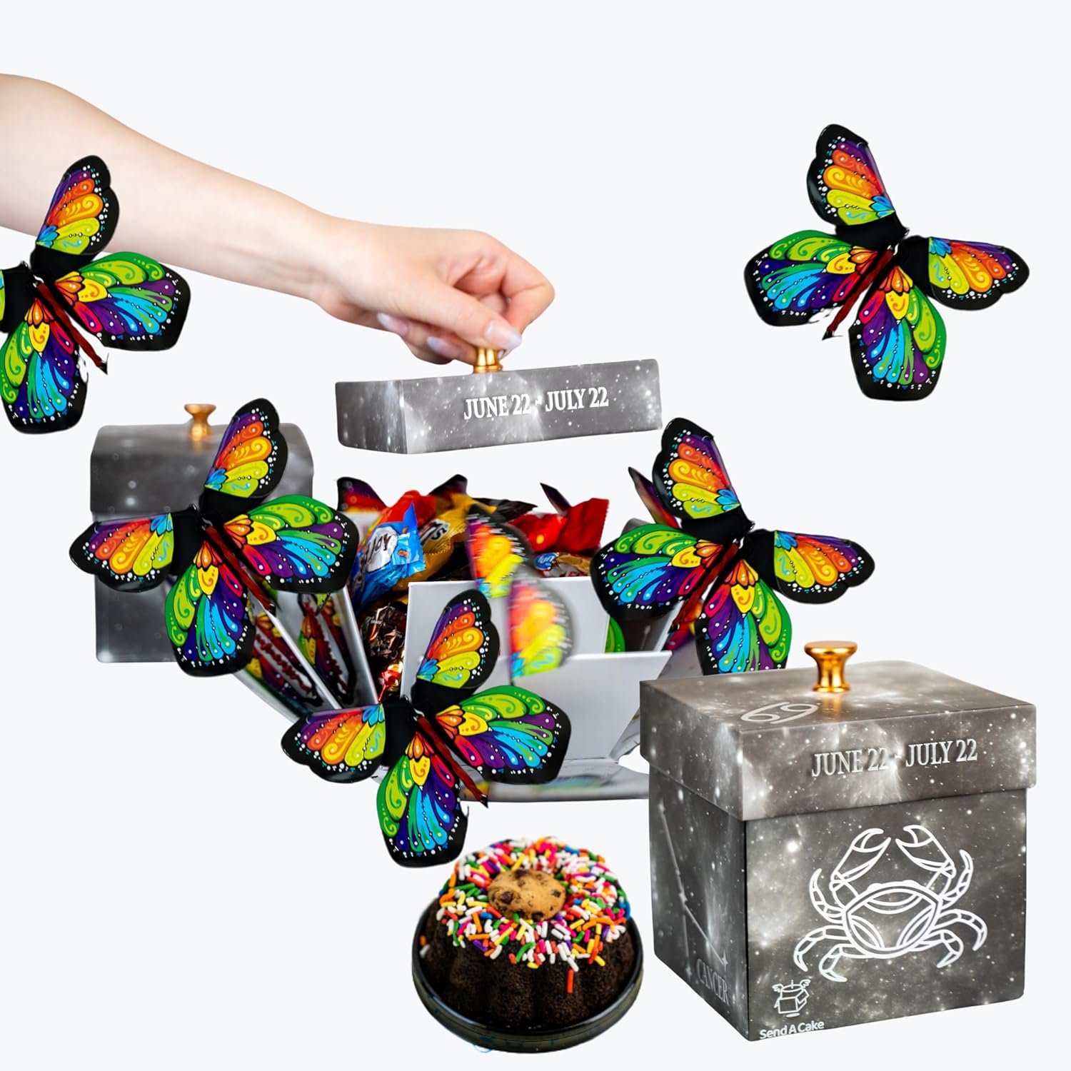 Astrology Cancer - No Setup Required Flying Butterfly Surprise Explosion Gift Box by Send A Cake - Delicious 3" Mini Bundt Cakes - Birthday Gift for Women, Men, Adults, Kids & Ideal for All Occasions