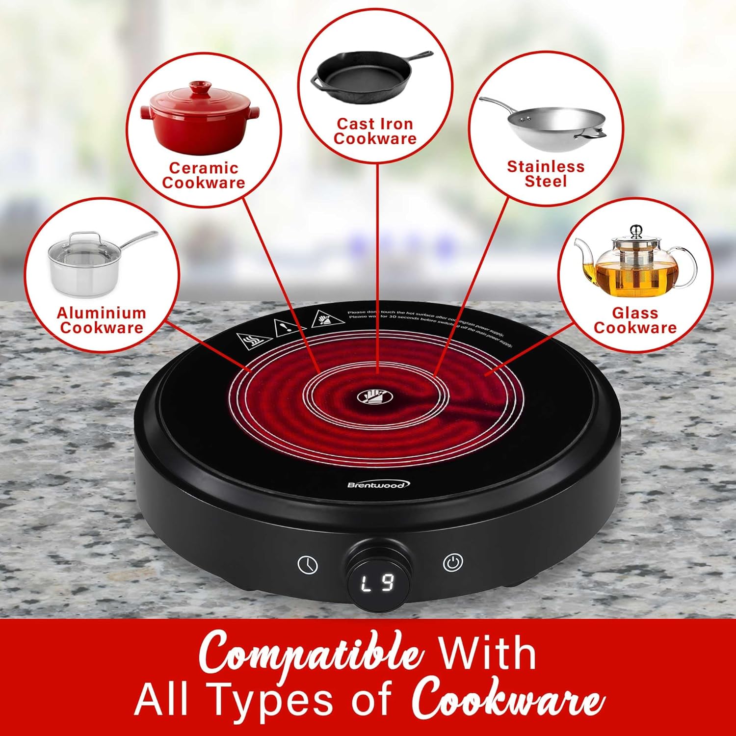 Brentwood Select 1500w 10-Inch Countertop Infrared Single Burner with Digital Touch Buttons, Knob, 9 Heat Settings, 99 Minute Timer, Black