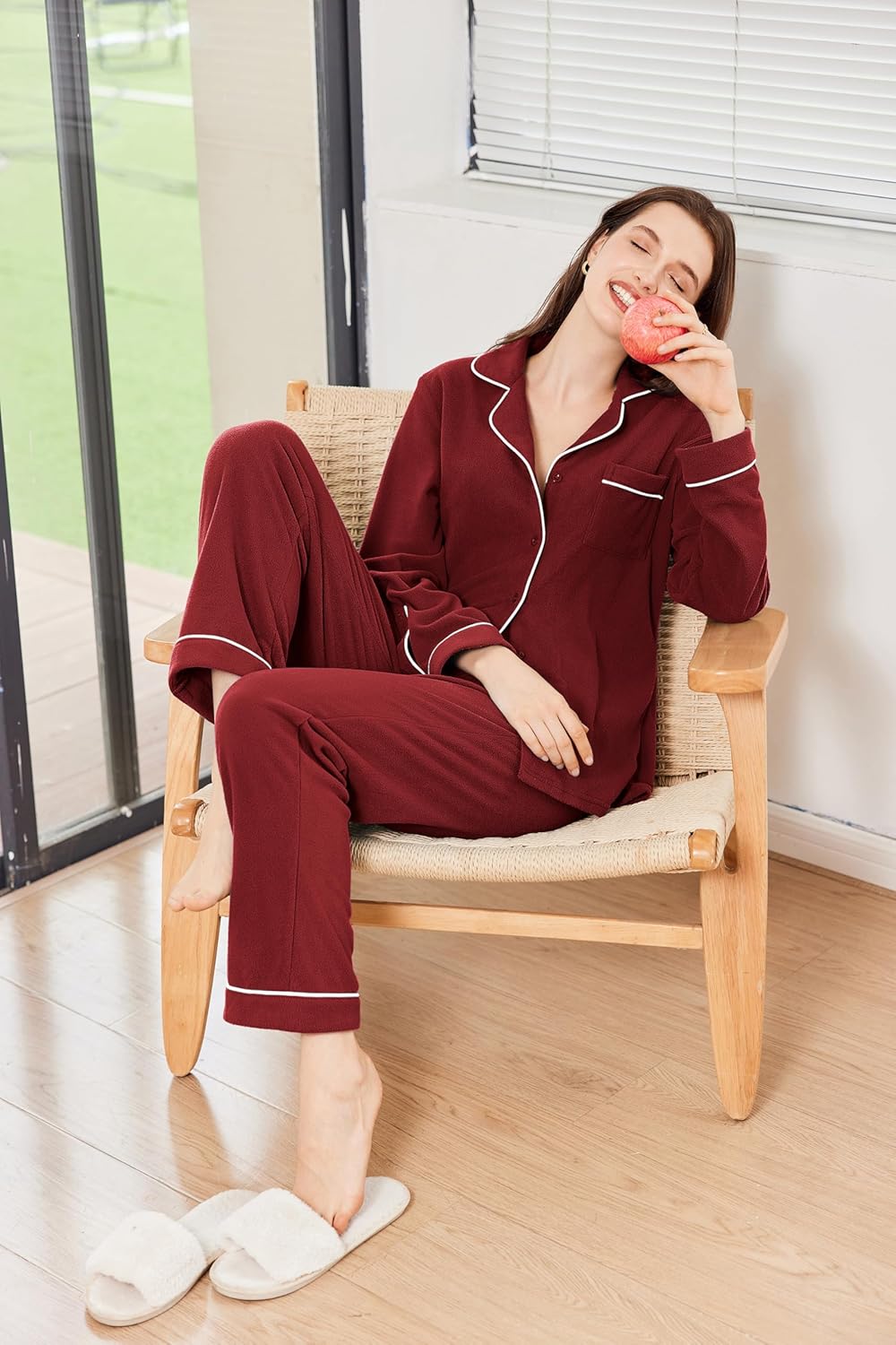 Ekouaer Women's Fleece Pajama Sets Long Sleeve Button Down Two-piece Sleepwear Soft Lounge Set - Image 4