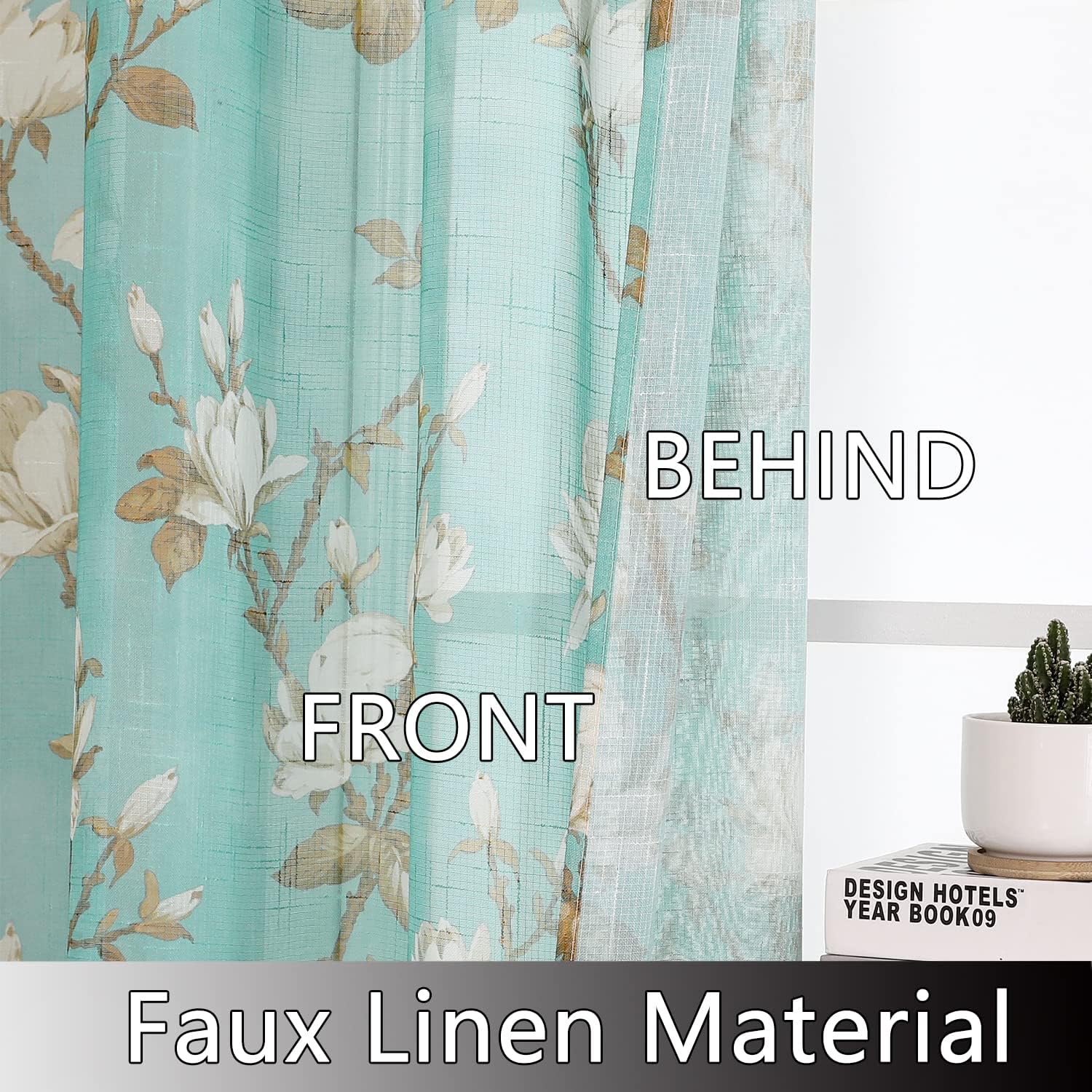 SMILE WEAVER Turquoise Sheer Curtains 45 inch Length 2 Panels for Living Room,Floral Semi Sheer Curtain-Rod Pocket Voile Linen Textured Privacy Light Filtering Window Drapes for Bedroom