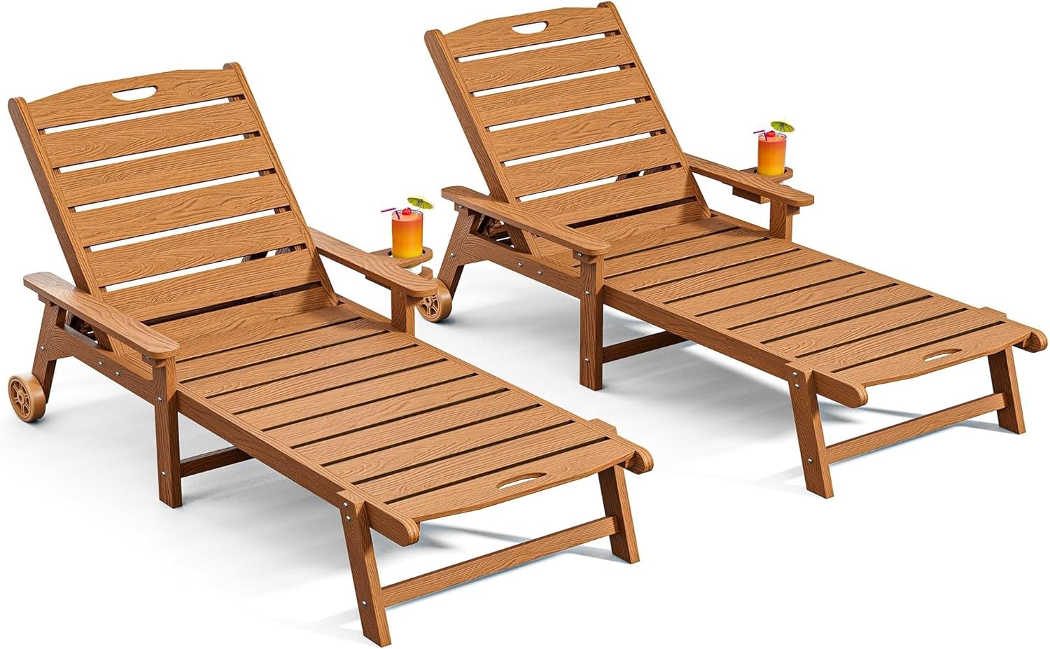 Outdoor Lounge Chair Set of 2 with 5-Position Adjustable, Outside Lounge Chair with Cup Holder, Wheels for Easy Mobility, HDPE Tanning Chair for Poolside, Patio, Brown