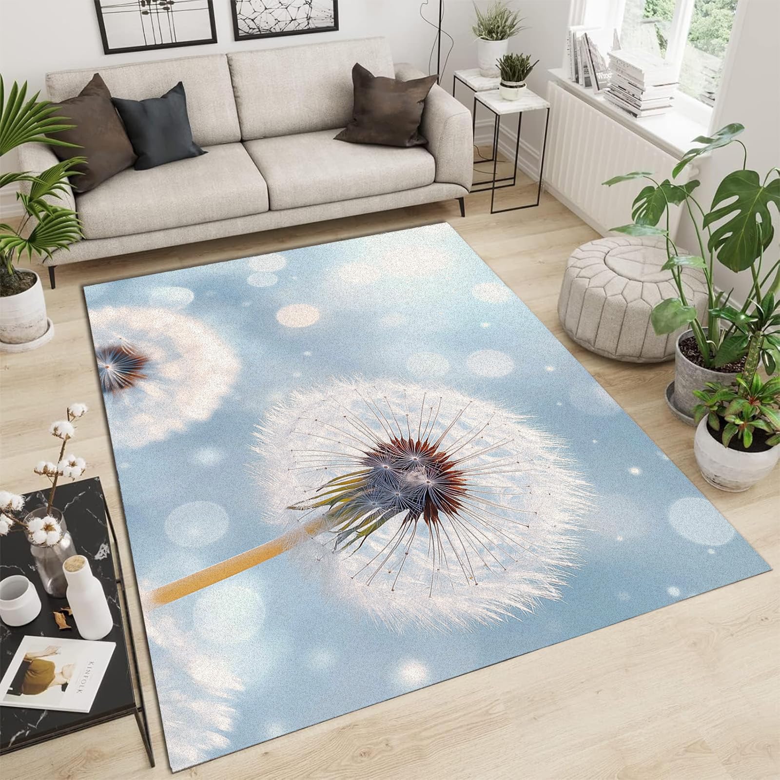 Tapis moderne pissenlit blanc doux 120x180 salle à manger et bureau calme