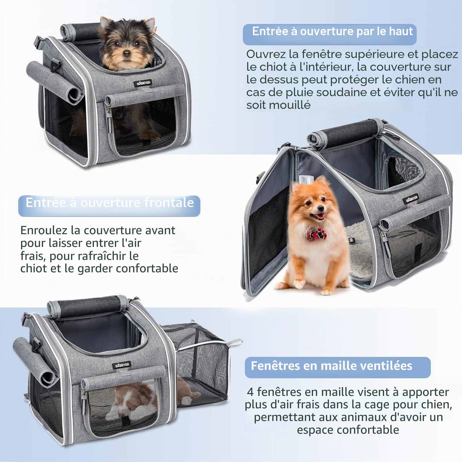 Panier de vélo pour chien, sac à dos de transport souple extensible avec 4 portes ouvertes, 4 fenêtres en maille pour petits chiens, chats, chiots, gris