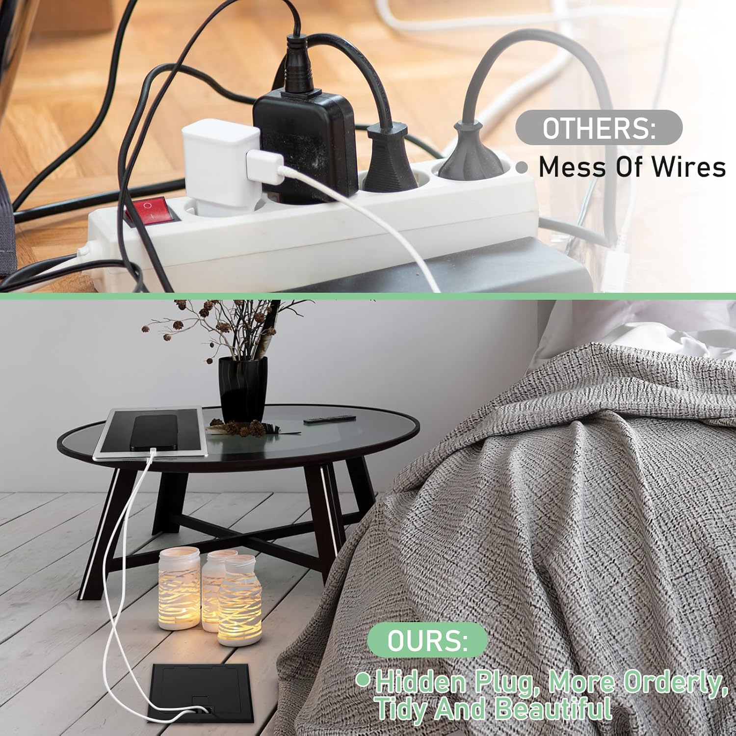 Hoolerry 2 Pack Recessed Flat Hidden Socket Kit Floor Recessed Outlet Box with 2 15A Receptacle, 4.8A 1 USB-A & 1 USB-C Port, and 3-Port RJ45 Receptacle for Floor Office Home (Black)