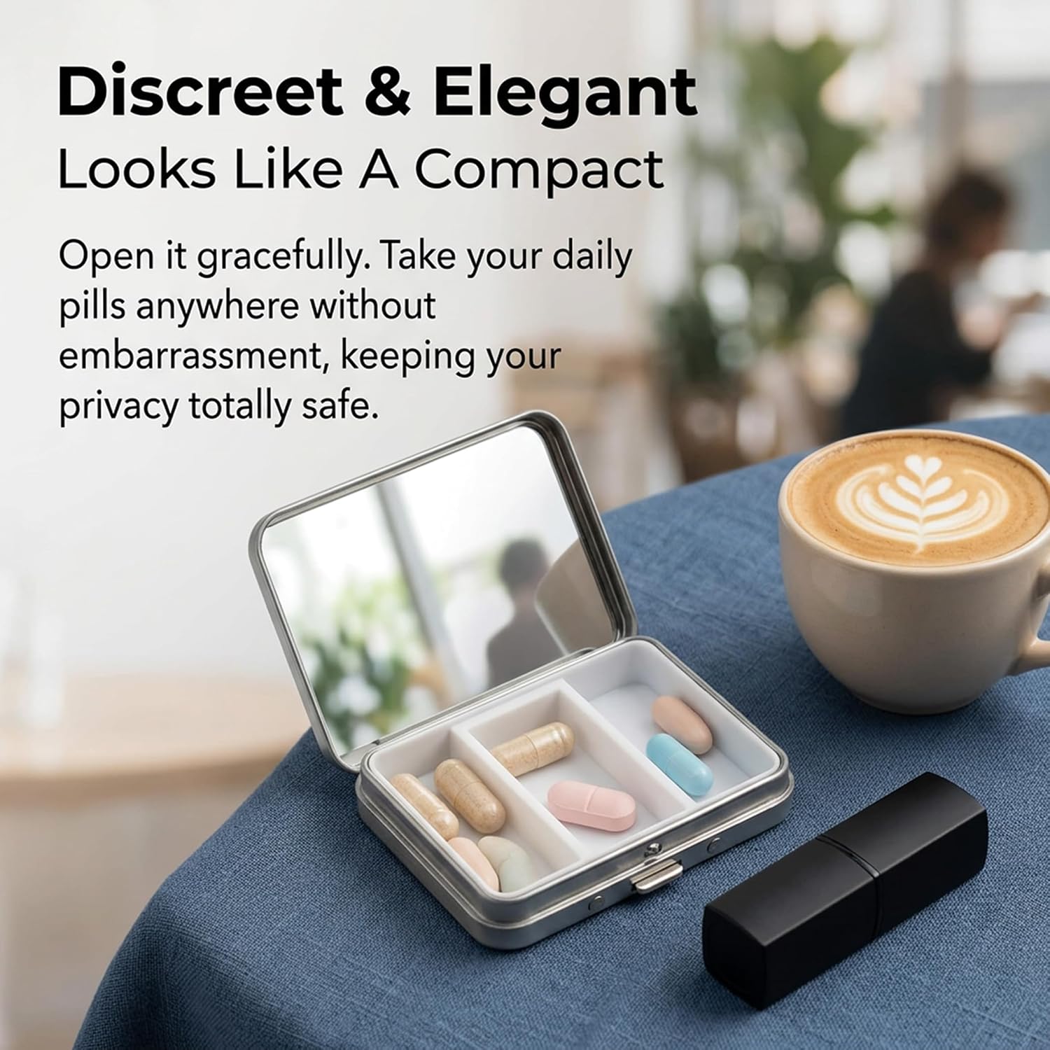 2Pcs Small Pill Case with Mirror 3 Compartment Metal Pill Box for Purse and Pocket,Portable for Daily Vitamins and Medication(Silver)