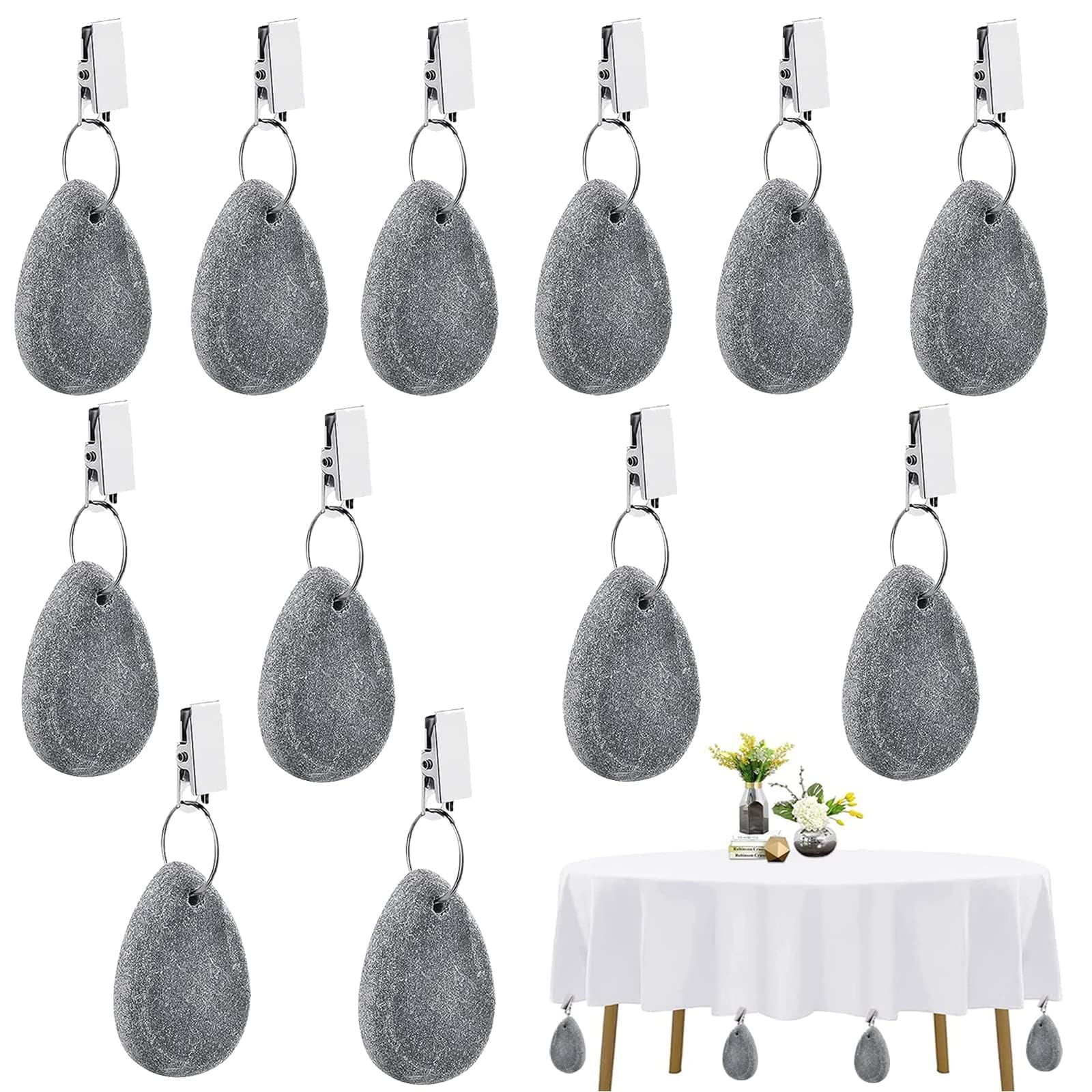 Tablecloth Weights with Metal Clips, Teardrop Stone Pendant Hangers for Outdoor Picnic, Garden, Dinner Table Cover Decoration, 12 Pcs (Dark Gray)
