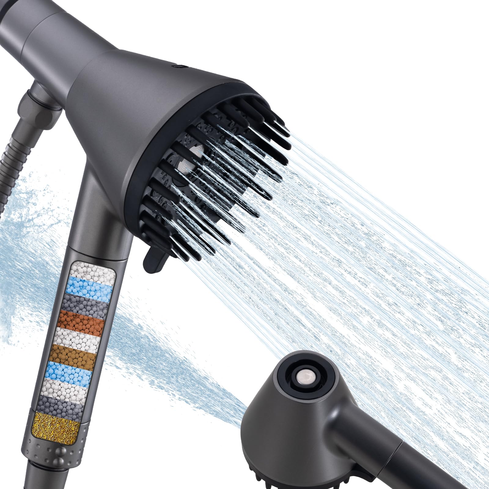 Ryamen 2026 gefilterter magnetischer Duschkopf mit Handbrause - Hochdruck-Duschkopf mit Power-Wash-Modus, Chlorentfernung, Massagebürste, Druck einstellbar, One-Touch-Pause & Edelstahlschlauch