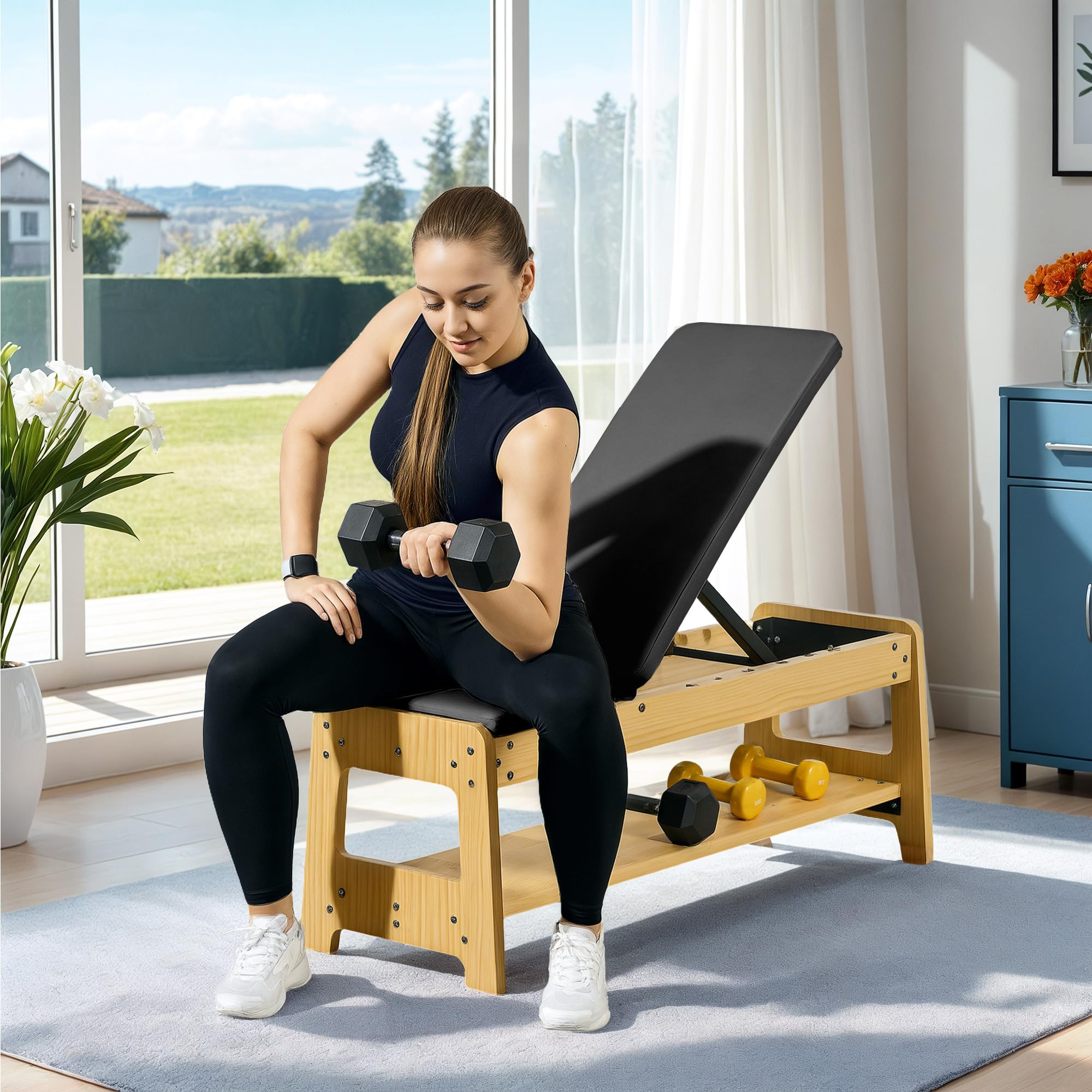 Adjustable Weight Bench with Dumbbell Rack Wooden Gym | Flat or Incline Design, Home Gym Weight Lifting Training