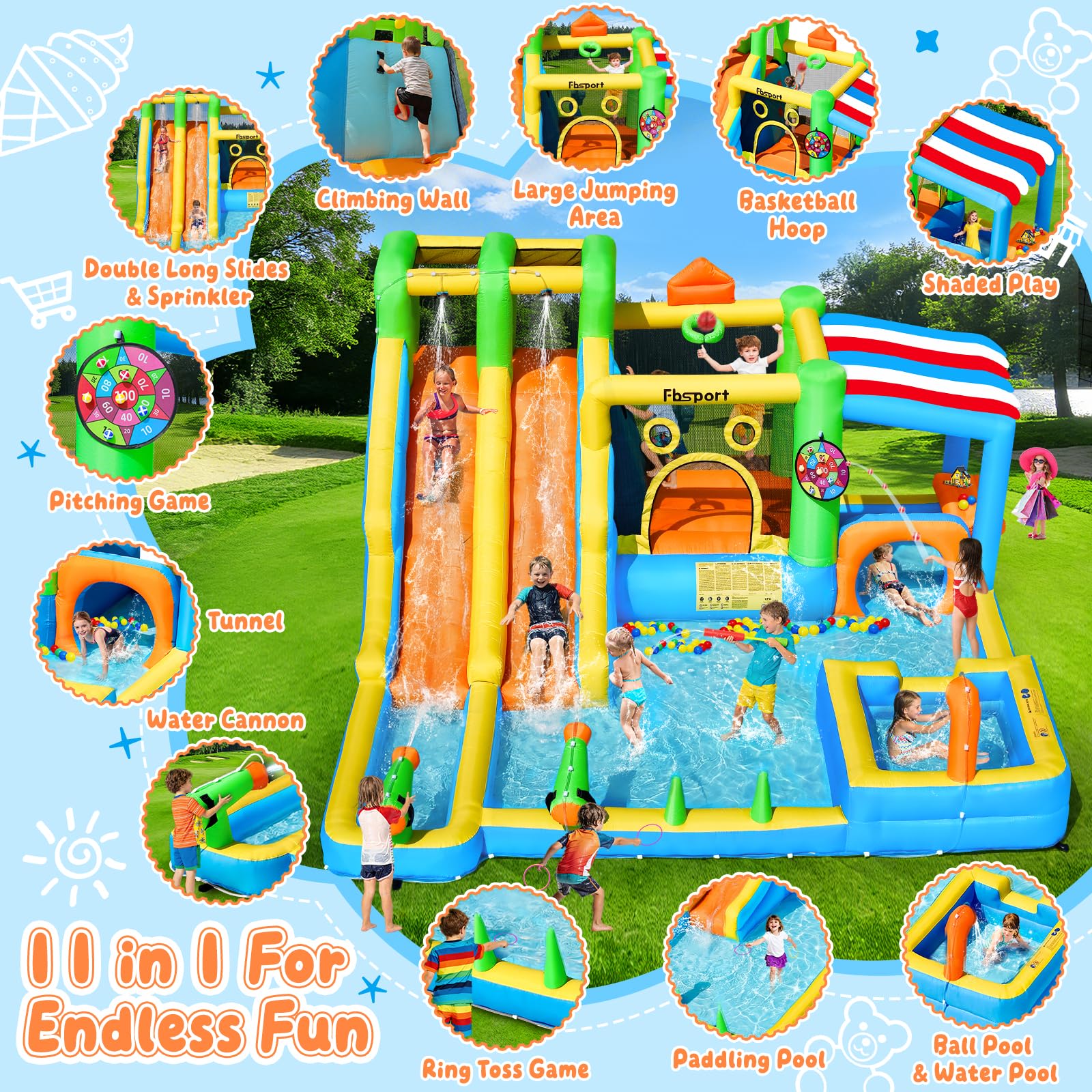Hüpfburg mit 2 Wasserrutsche und Gebläse, Größe Wasserhüpfburg für Kinder mit Trampolin Wasserbecken Korb Kletterwand, XXL Hüpfburgen Bouncy Castle für Indoor Outdoor, 445x403x200 cm
