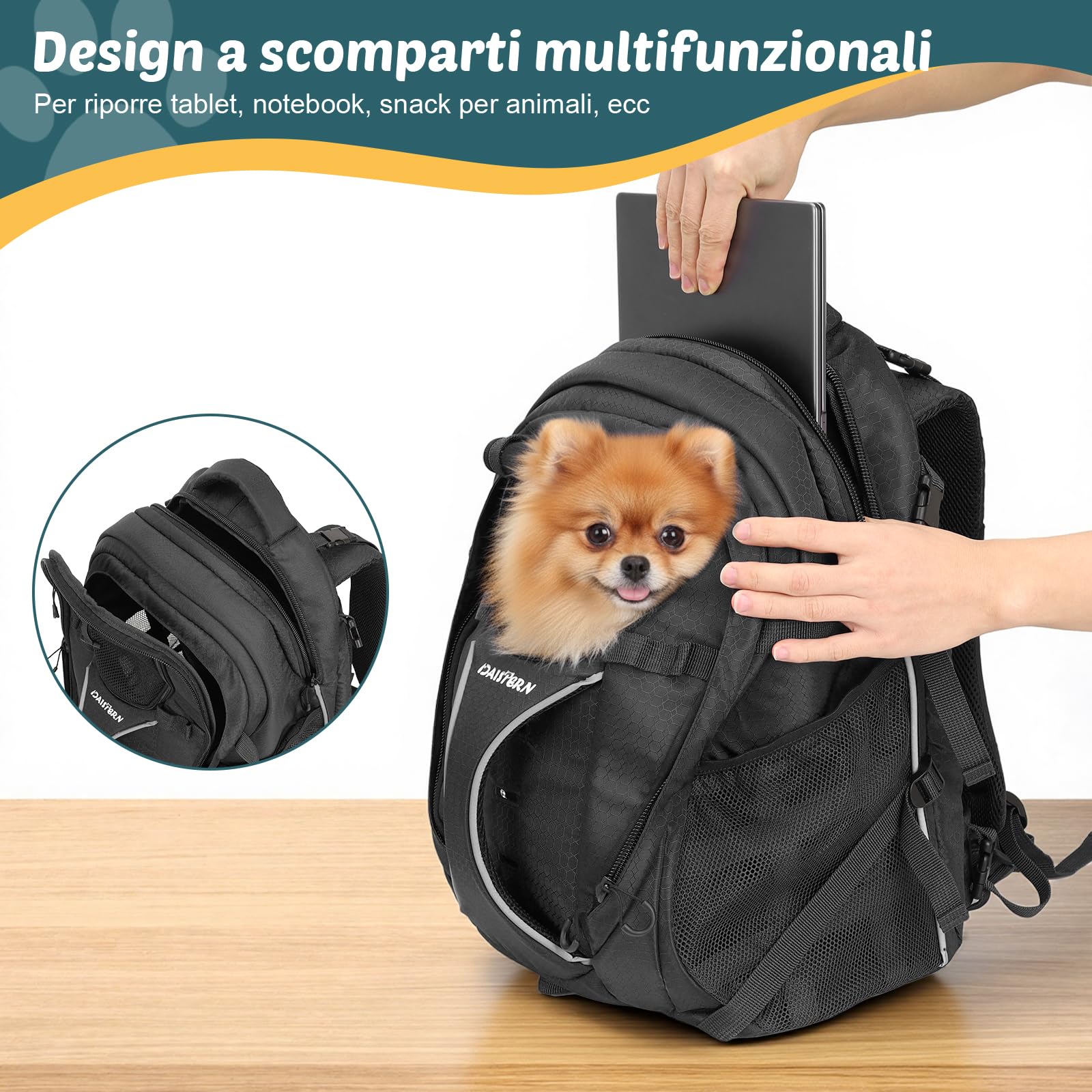 Zaino Trekking per Cani e Gatti fino a 8KG Nero | Dog Backpack con Tasca PC, Nylon 600D Rinforzato, Ventilato, Cuscino Comodo Rimovibile per Montagna Gita Viaggi Passeggiate