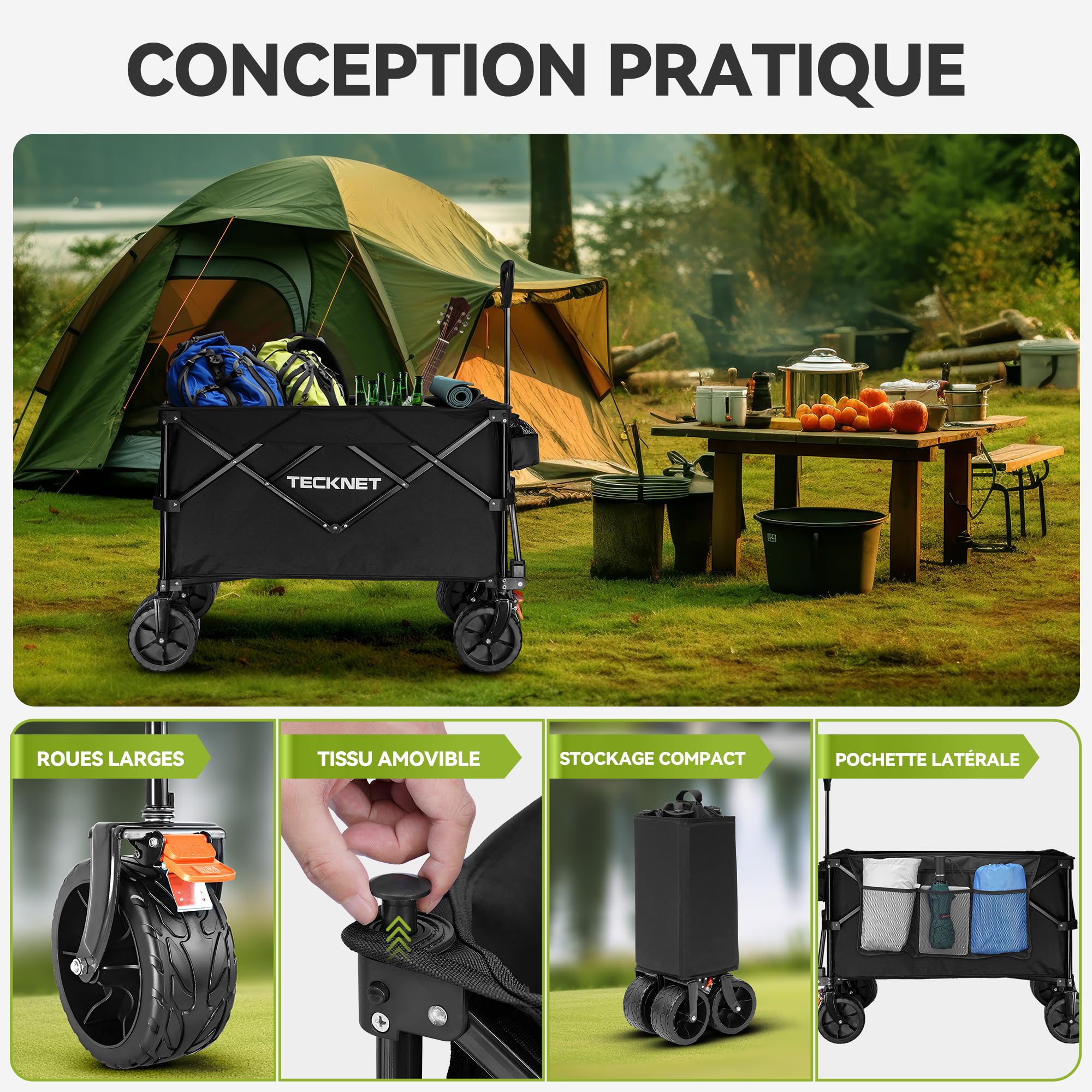 TECKNET Chariot de transport pliable avec freins - 180 l - 150 kg - Charge maximale : 150 kg - Pour la plage, le camping, le camping, les festivals - Noir