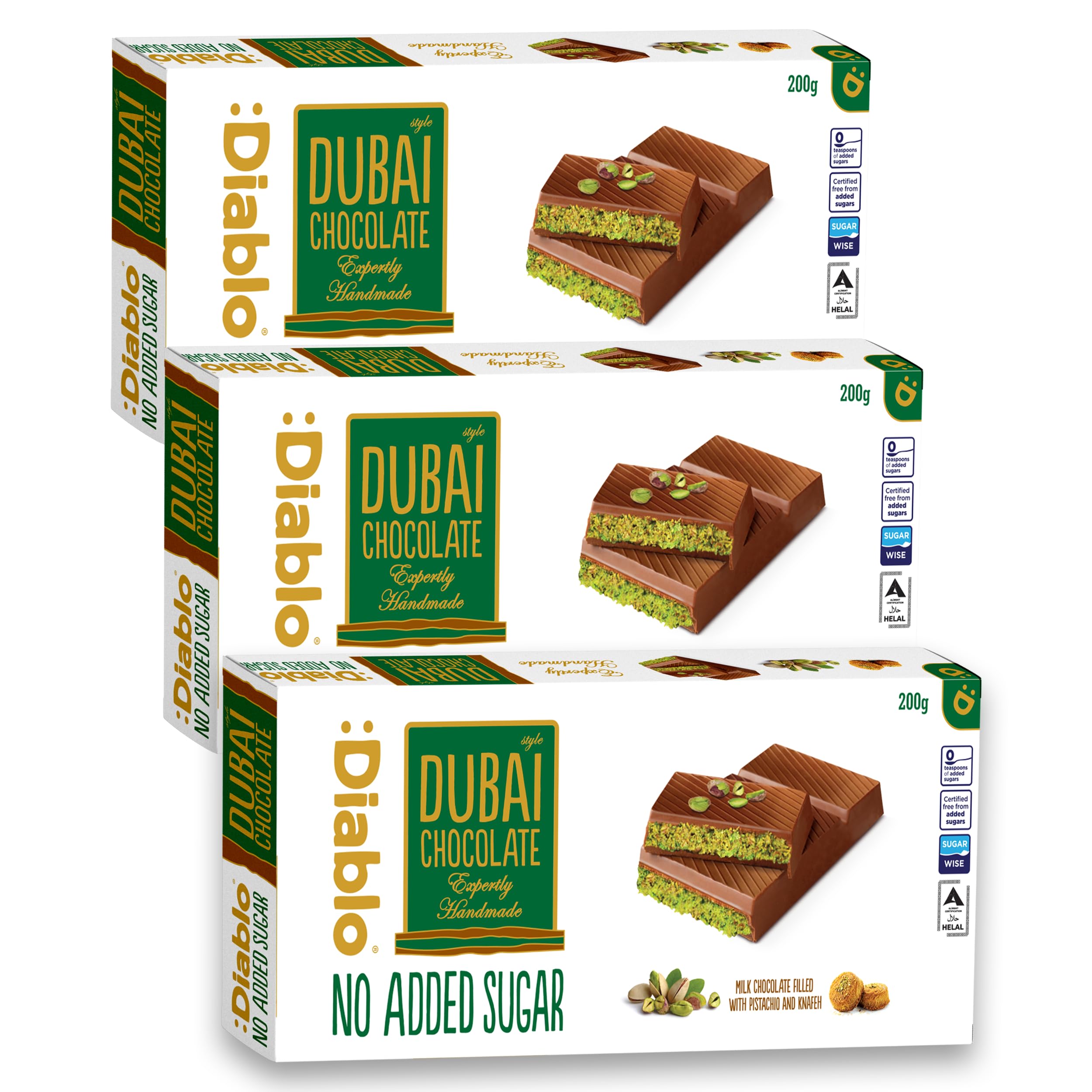Diablo No Added Sugar Dubai Chocolate – 200g | Smooth, Rich Taste | Sugar-Free Indulgence | Guilt-Free Treat (Pack Of 3)