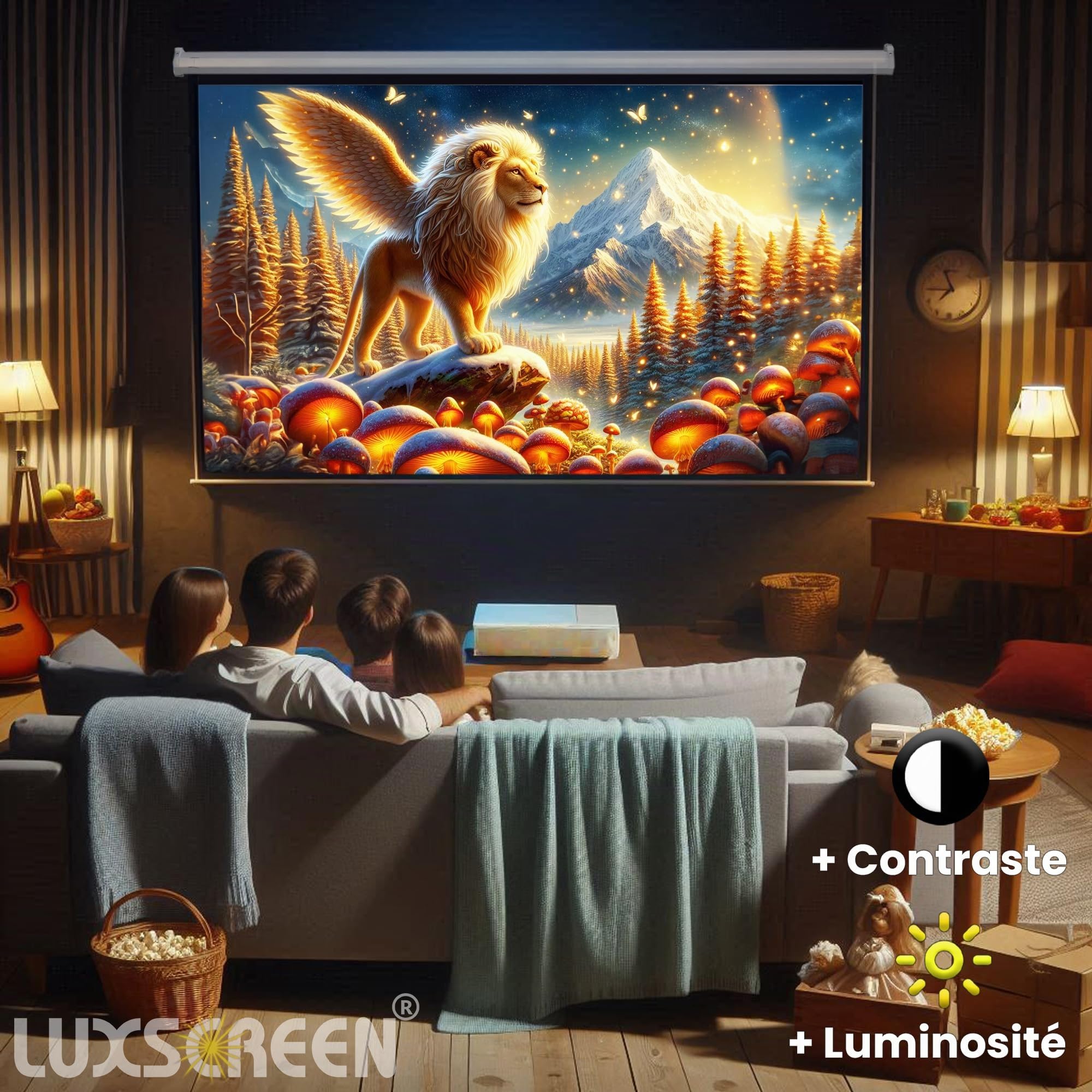 Écran de Projection motorisé Luxscreen de 112 Pouces. Dimensions du Tissu : 1,97 x 1,97 m. Boîtier en Acier de 2,23 m. Tissu Blanc Mat avec Gain de Brillance 1.1. Télécommande Incluse.