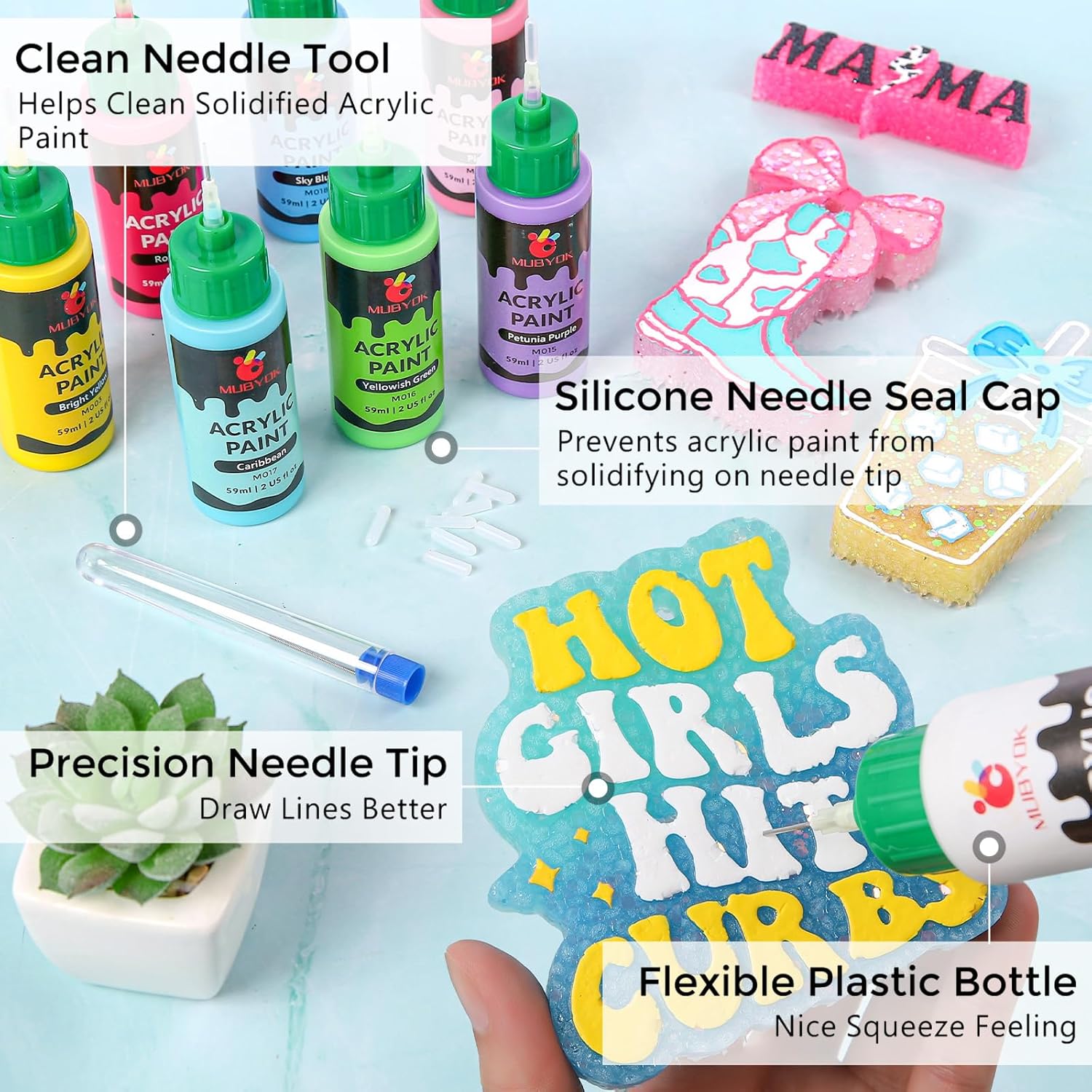 MUBYOK 2oz Matte Acrylic Paint Set with Precision Applicator Cap for Car Freshie Painting, Drawing and DIY Arts & Crafts Supplies for Adults(Pack of 16)