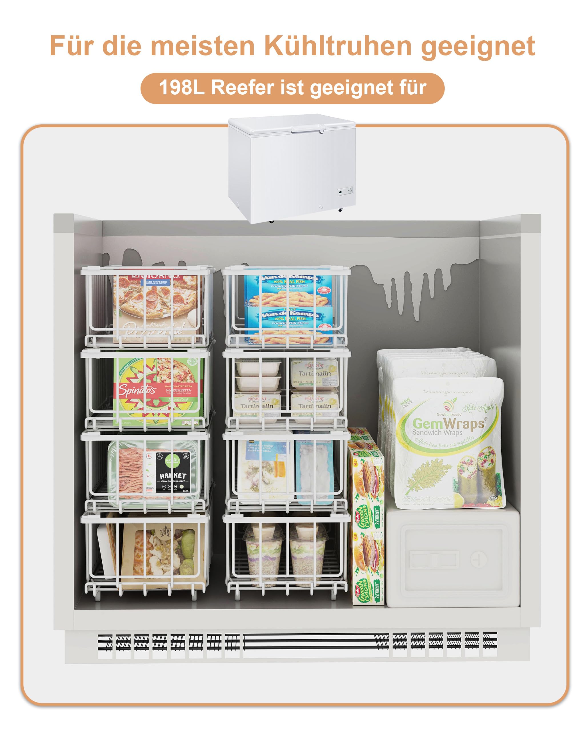 UMDONX Gefrierschrank Organizer Behälter, 8er Stapelbare Metallkorb Gefriertruhe Körbe für 198L,Gefrierschrank Gefriergut Sortieren, Einfacher Zugriff auf Tiefkühlkost Weiß(37x18x15cm)