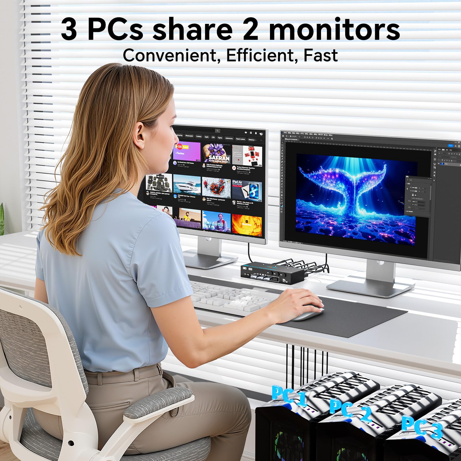HDMI Displayport KVM Switch 3 PC 2 Monitore 4K@144Hz, mit 4 USB 3.0 Ports | Dual Monitor KVM Switch für 3 Computers teilen 2 Monitors und Tastatur,Maus,Drucker, HDMI DP KVM mit wird remote,12V Netzteil