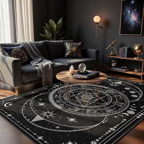 Nayoroom Black Celestial Witchcraft Area Rug, Machine Washable, 8 x 10 ft