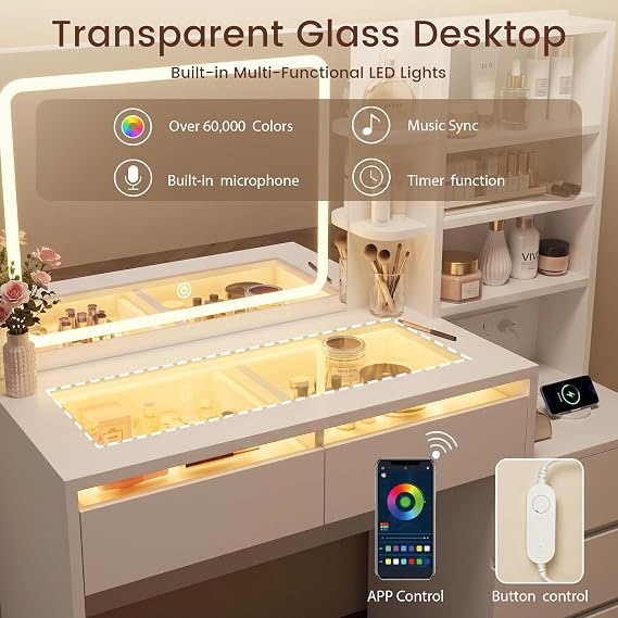 IRONCK Dressing Table with Mirror and 3-Color Lights, Transparent Glass Top & Charging Station, Vanity Desk with 5 Drawers, Dressing Chair, 6 Open Shelves, Modern Vanity Table for Bedroom, White