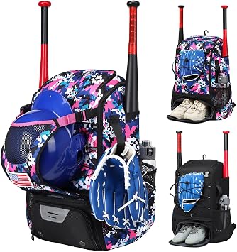 Softball Bag,Softball Bat Bag For Youth Adults,Baseball Bag with Fence Hook for TBall Bat & Equipment,Lightweight Baseball Bat Backpack with Shoe Compartment,Large Main Compartment for Helmet