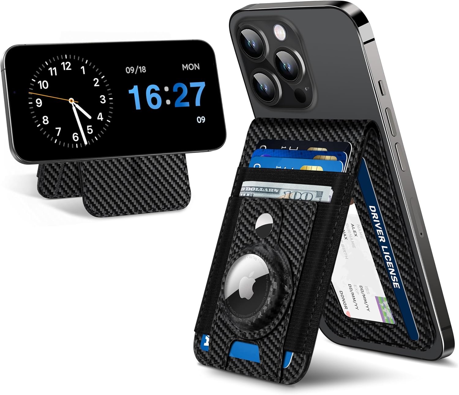 For Magsafe Wallet Stand with Airtag Holder, Strongest Magnetic Wallet for iPhone 17/16/15/14/13/12 Series, ID Window, 4 Card Slots, 10 Cards Holder, Vegan Leather, RFID Blocking, Black Carbon Fiber