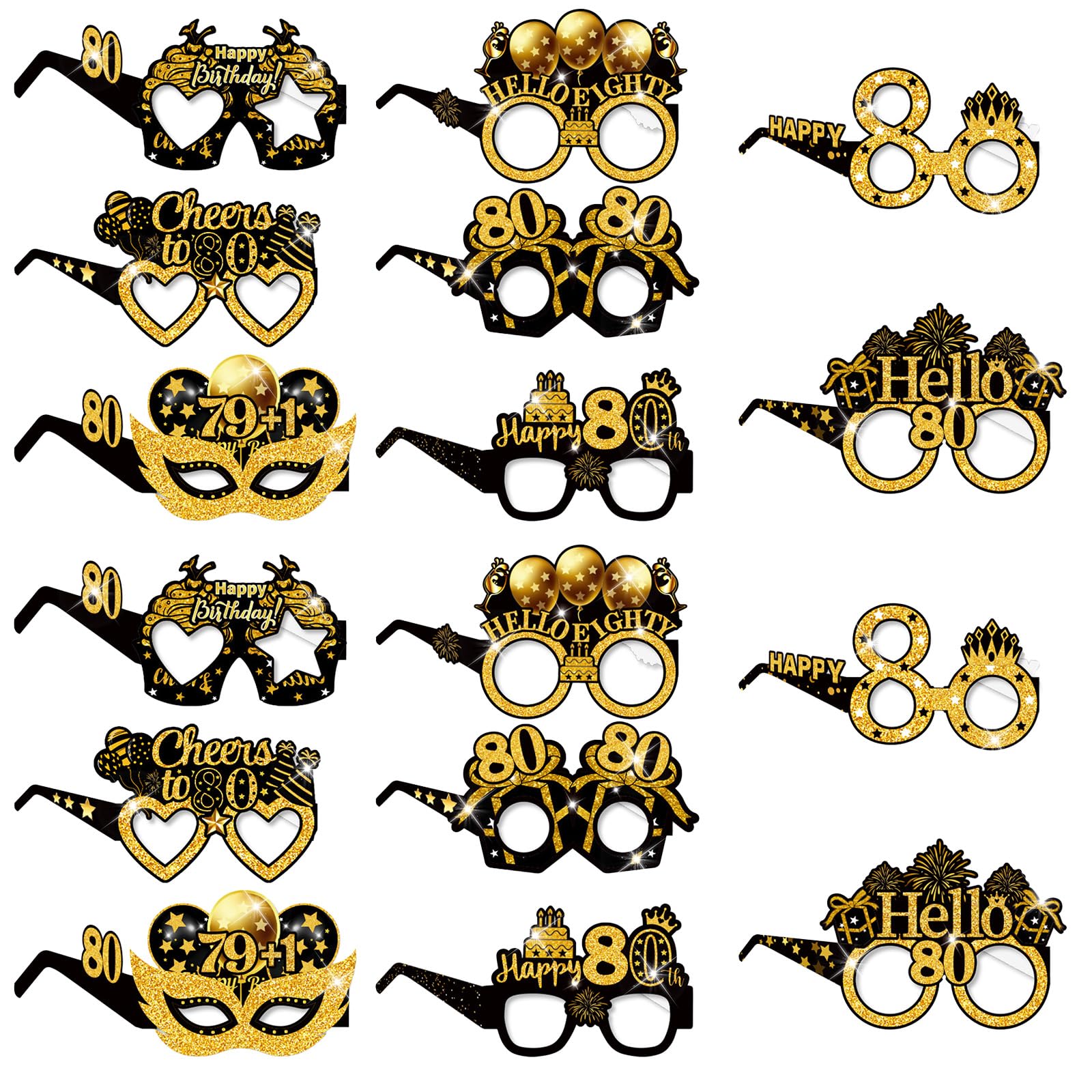 Vxcvzv 80th Birthday Glasses,16Pcs Paper Novelty 80th Party Glasses, Happy Birthday Photo Booth Props for Men Women Birth day Decoration Supplies for Men Women (Gold-80th)