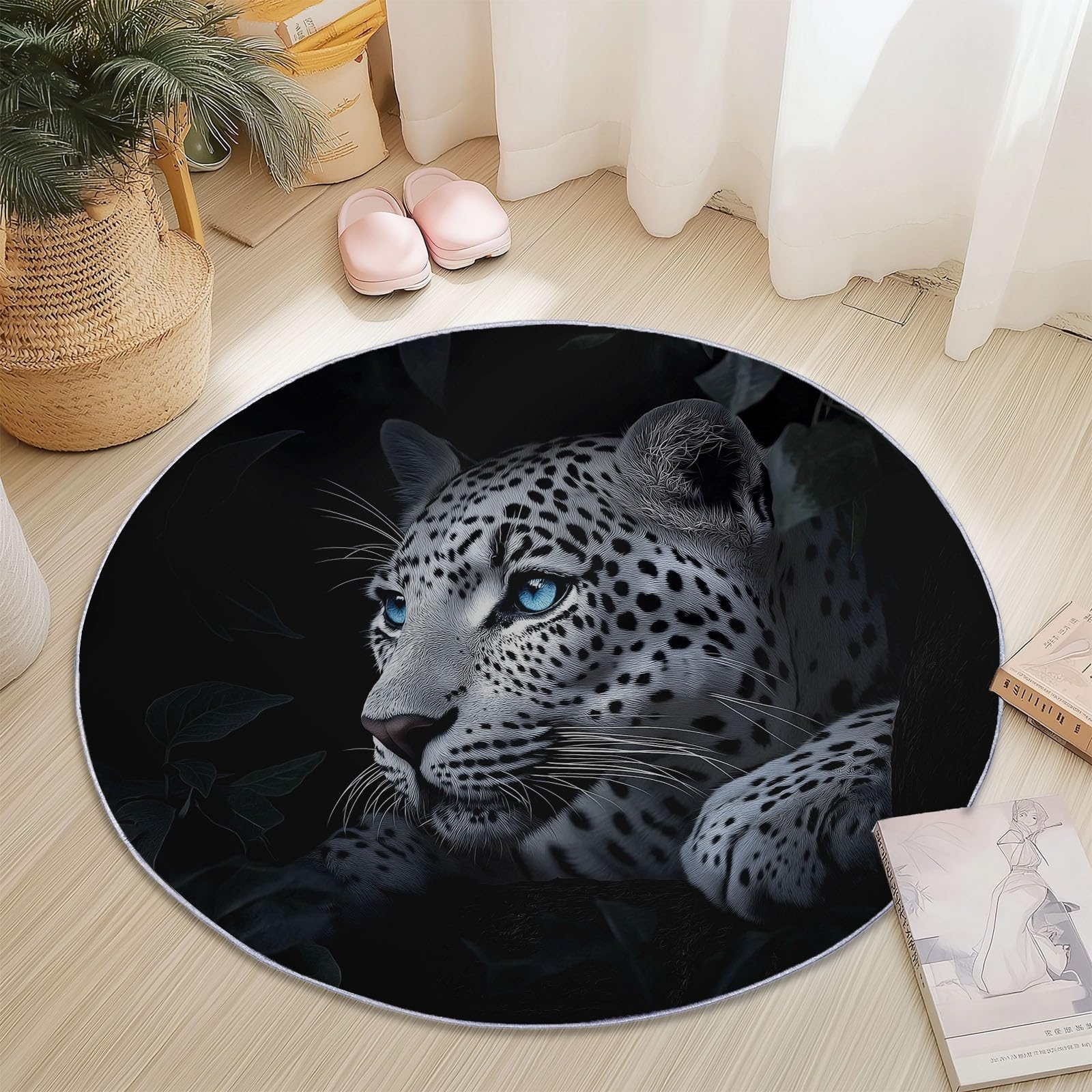 Tappeto rotondo da 210 cm, con stampa close-up leopardata, moderno, antiscivolo, in flanella per interni, lavabile, morbido, per cameretta dei bambini, stanza dei giochi, camera da letto, decorazione