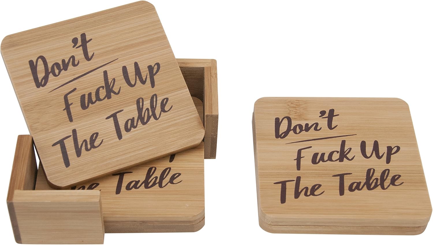 Don't Fuck Up The Table Bamboo Unique Drink Coasters | Set of 4 with Holder | Funny Housewarming Gift
