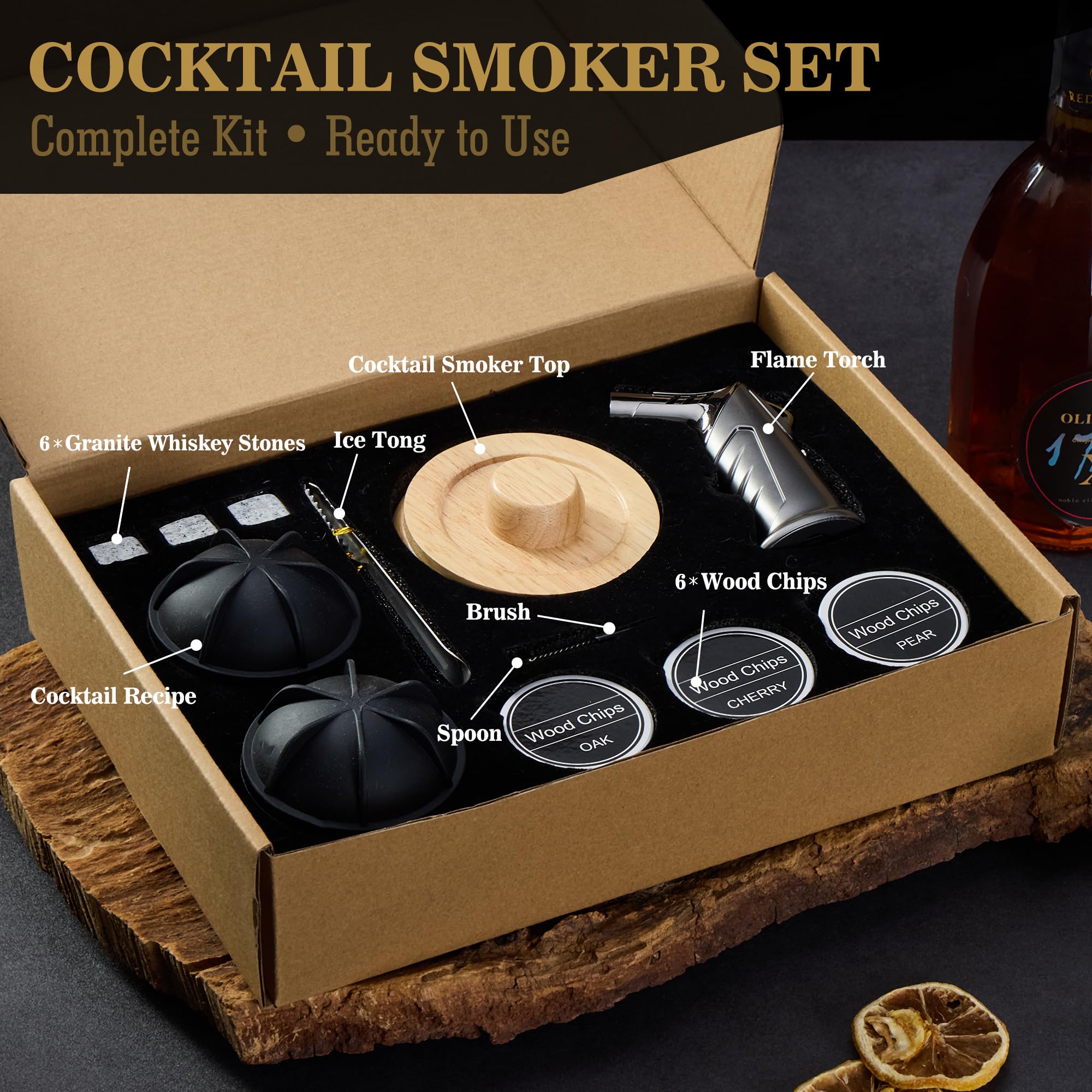 Zestaw do wędzenia koktajli (bez butanu) – whisky z 6 drewnianymi chipsami i 2 silikonowymi foremkami do lodów – prezent dla mężczyzn, taty, męża, miłośników