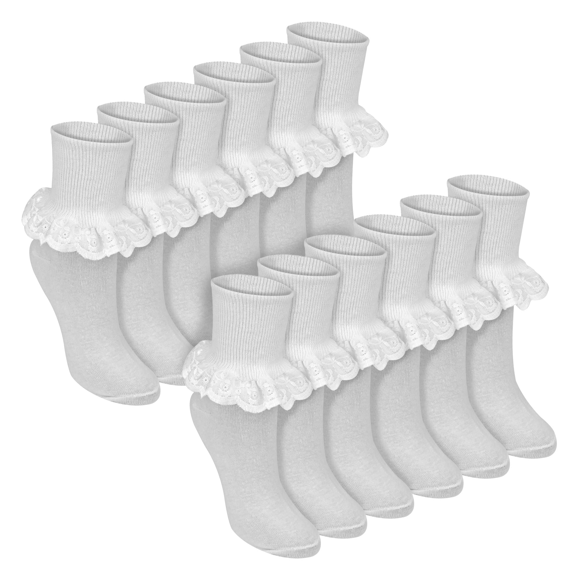 Sock Snob 12 Pair Multipack White Frilly Lace Socks | 7 Sizes Girls Cute Cotton Rich School Socks (7-10 Years, White)
