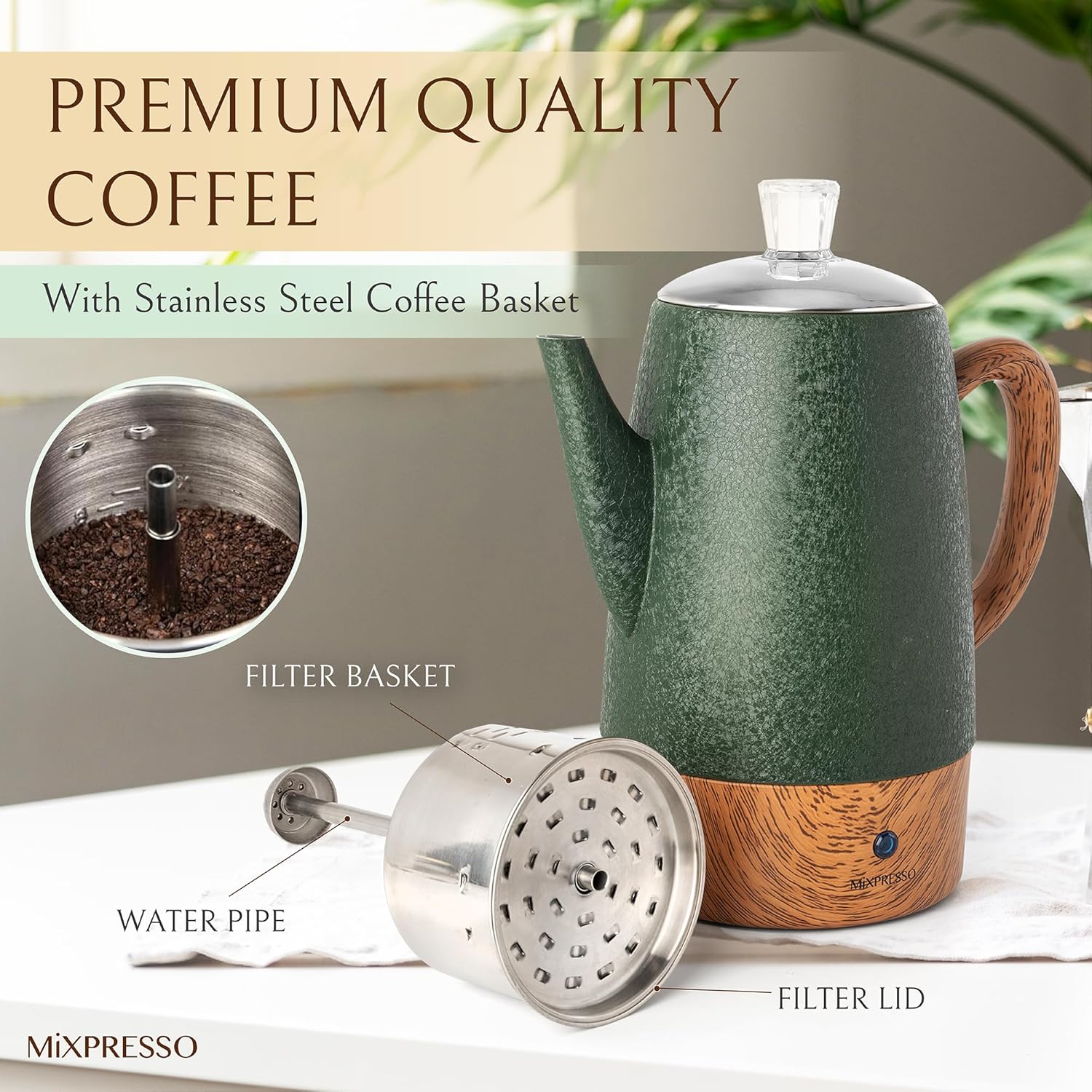 Mixpresso 10 Cup Percolator Coffee Pot Electric, Stainless Steel Coffee Percolator Electric With Keep Warm Function, Classic Perculator Pot With Removable Basket for Home or Office - Shiny Green