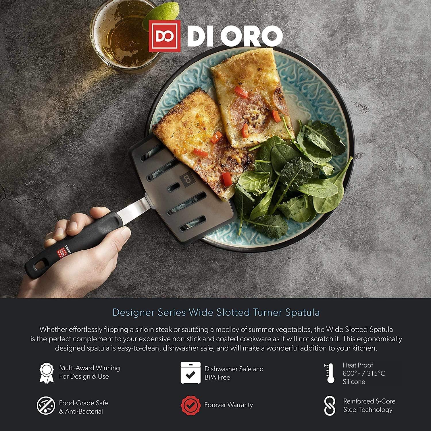 DI ORO 7-Piece Silicone Turner & Seamless Series Spatula Set - 600°F Heat-Resistant Kitchen Utensils - Dishwasher Safe & Flexible - Heavy-Duty Stainless Steel Core - Cooking & Baking Gadgets (Black)