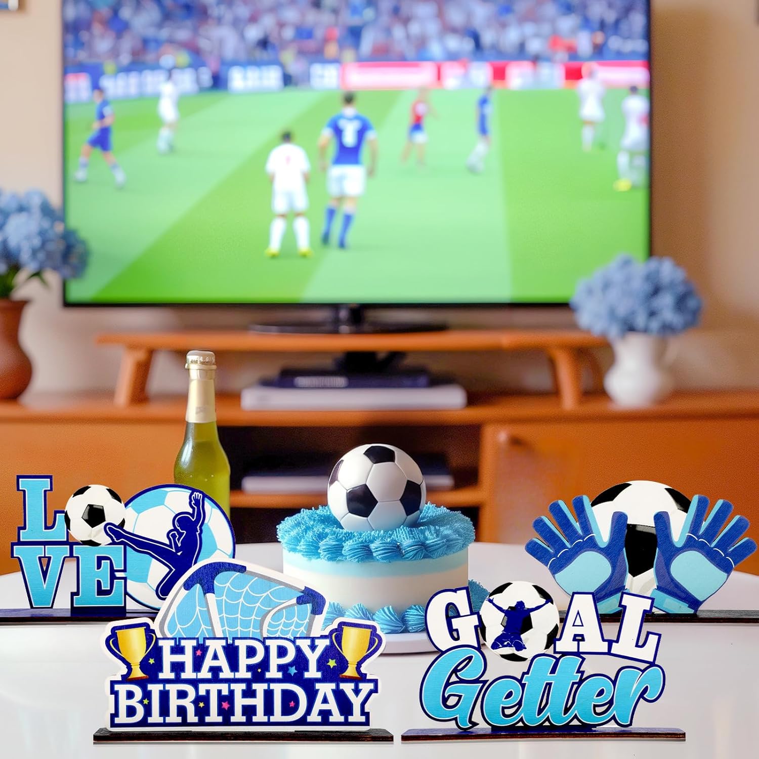 6 PCS Soccer Ball Birthday Table Decorations Blue White Birthday Table Centerpiece Wooden Sign Soccer Football Theme Birthday Party Decor Detachable Football Tabletop Decor for Boys Kids Bday Party