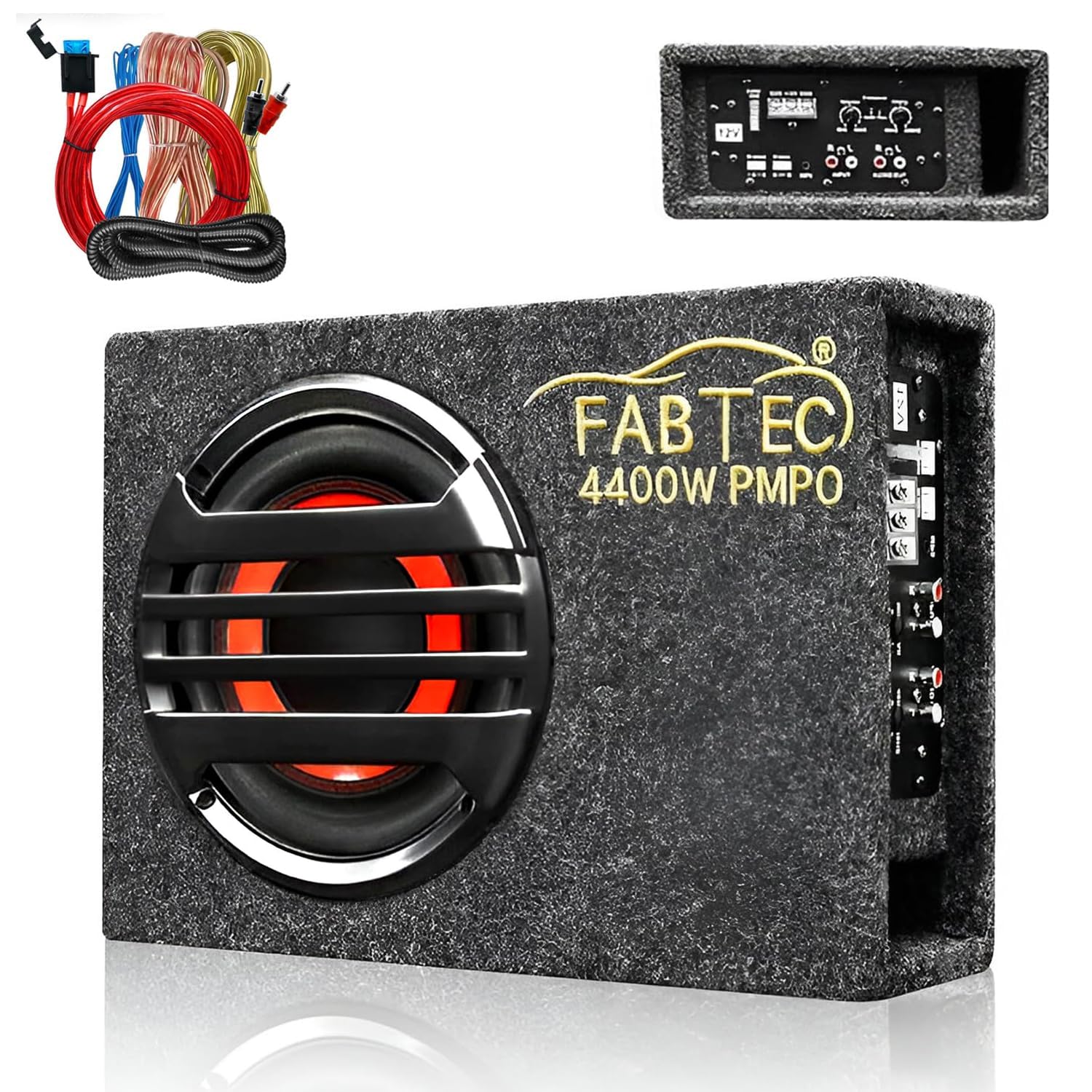 FABTEC 8 Inch Gray Under Seat Active Subwoofer Bass Tube for Cars (InBuilt Amplifier Wire Kit, 200 RMS)