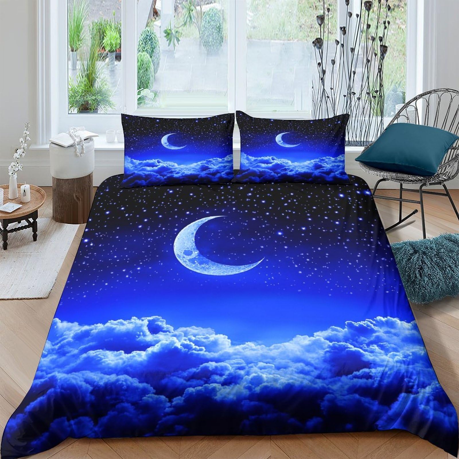 TUFRTGYHN 3D Printed Moon Night Sky Duvet Cover Microfiber Soft Breathable Cloud Bedding Set with 2 Pillowcases for Bedroom Decor Single（135x200cm）