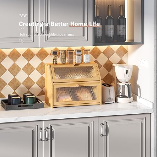 Miniatura 5 de STDDRE Panera para encimera de cocina, panera hermética, contenedor hermético de gran capacidad, caja de pan de doble capa con ventanas con patrón