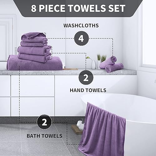 Miniatura 3 de Juego de toallas de microfibra de 8 piezas, 2 toallas de baño, 2 toallas de mano y 4 paños de lavado, toallas ultra suaves y altamente absorbentes