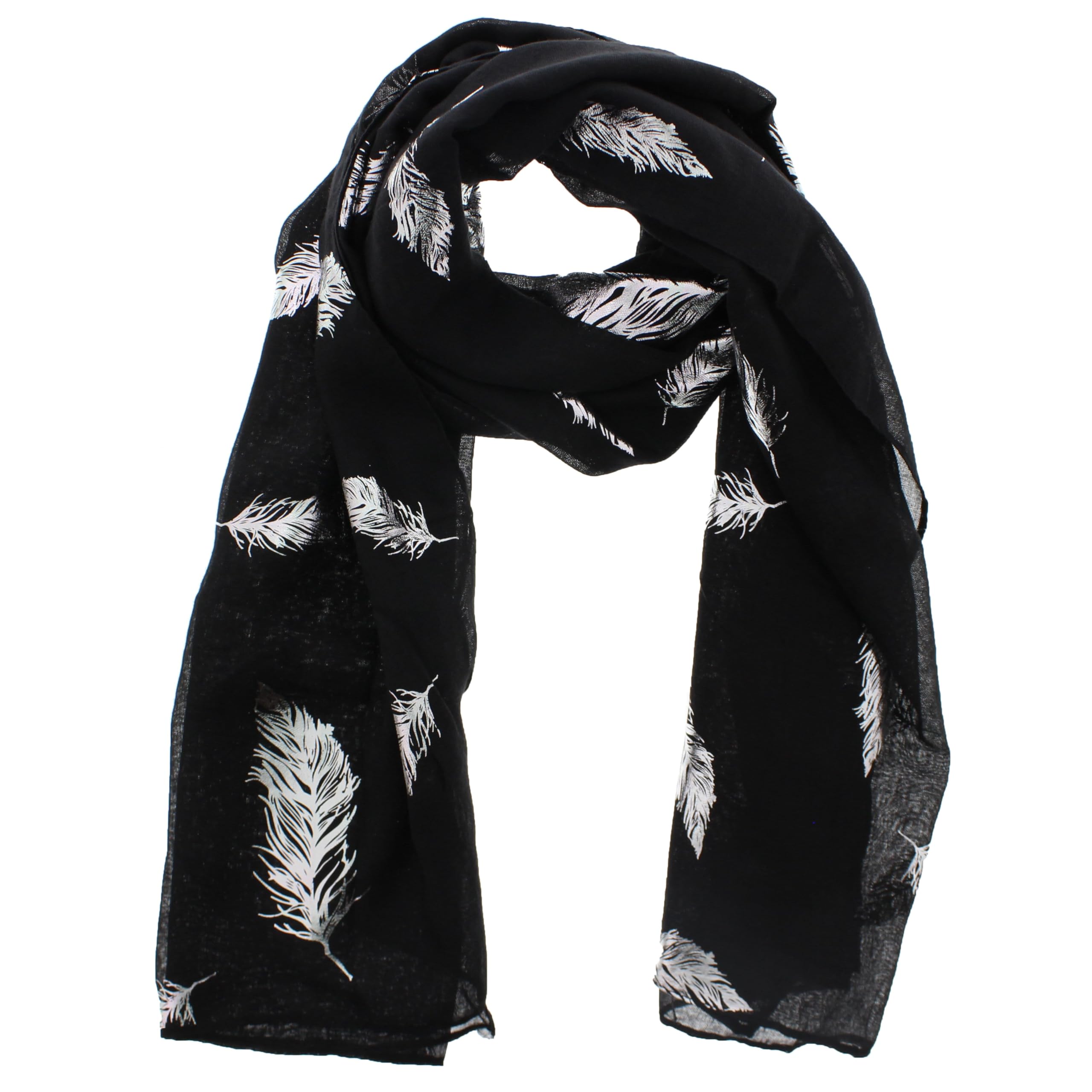 Zac's Alter Ego Women's Black Scarf With Silver Foil Metallic Glitter Feather Print