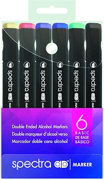 Chartpak Spectra AD Marker, Tri-Nib and Brush Dual-Tip, 6 Assorted Basic Color Set in Plastic Case, 1 Each SBASIC6AD