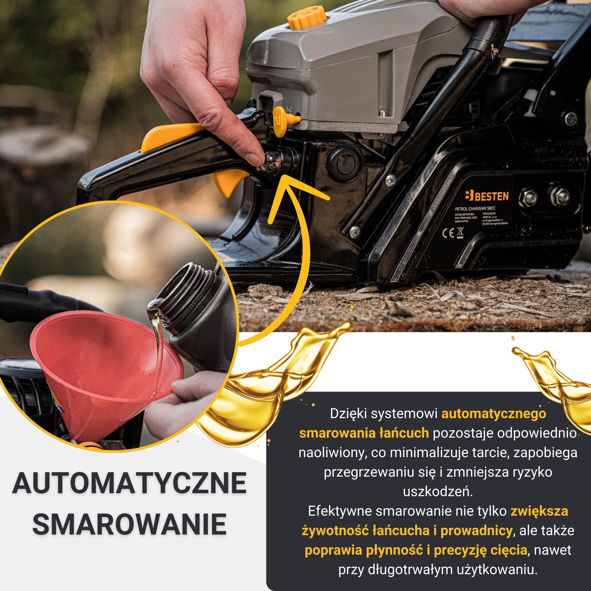 BESTEN Piła Łańcuchowa Spalinowa do Drewna 58CC, Piła Benzynowa z Hamulcem, Automatyczne Smarowanie, System EASY START, 2x Prowadnica, 2x Łańcuch