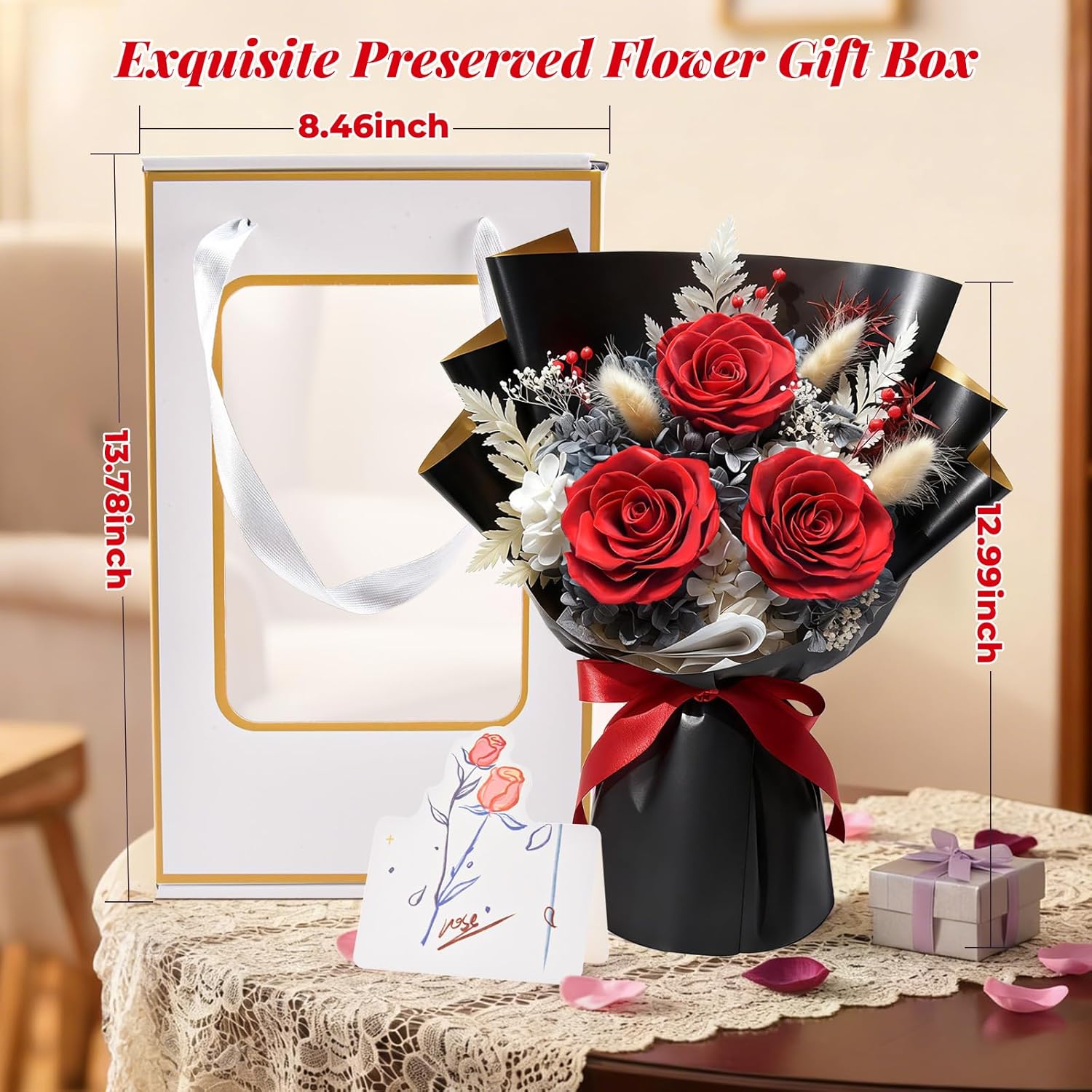 Preserved Flowers Bouquet, Flowers for Delivery,Handmade Red Rose Bouquets Lasting 3-5 Years, Luxury Gift Box,Birthday Flowers Gifts for Women Mom Grandma Wife Friends - Image 5