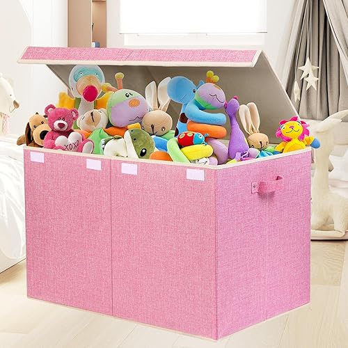 Miniatura 68 de popoly Caja de juguetes grande con tapa abatible, contenedor plegable para niños, niñas, guardería, sala de juegos, 25 x 13 x 16 pulgadas (rosa