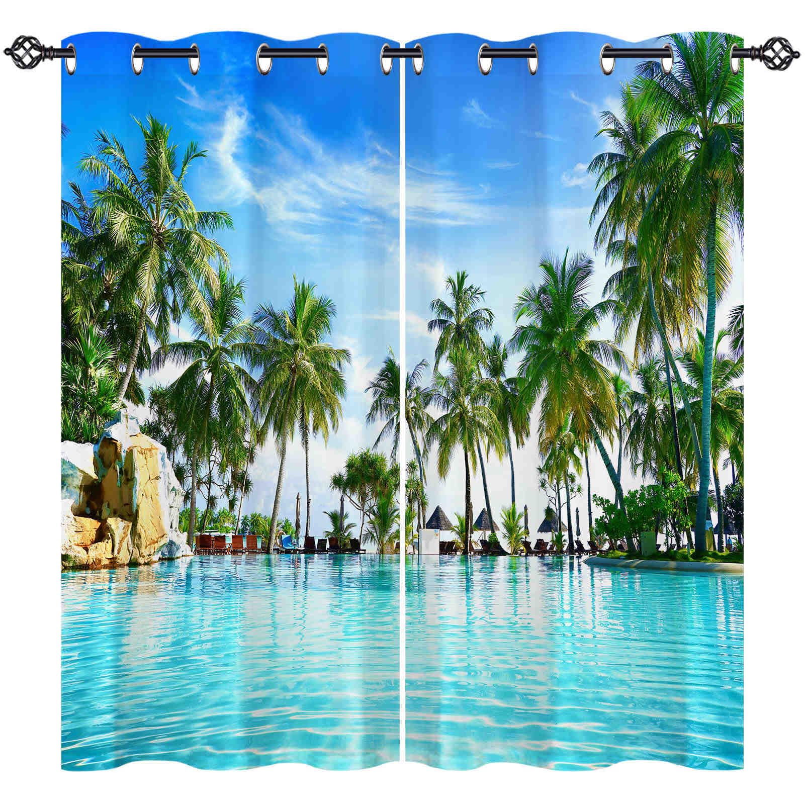 ANHOPE Tropical Curtains Eyelet Blackout Thermal Insulated Curtains Ocean Beach Palm Tree Pool Print Pattern Soft Soundproof Privacy Window Drapes for Bedroom Living Room 55 x 69 Inch 2 Panels — image 1