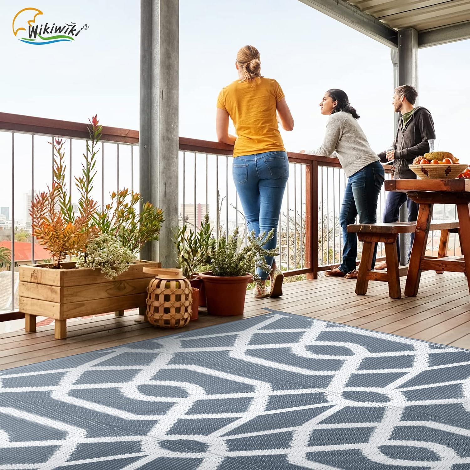 wikiwiki 5x8 FT Reversible Mats, Outdoor Plastic Straw Rug, Recycled & Waterproof Outdoor Rugs for Patios, Indoor/Outdoor Rugs for Camping, RV, Pool, Balcony, Deck, Grey