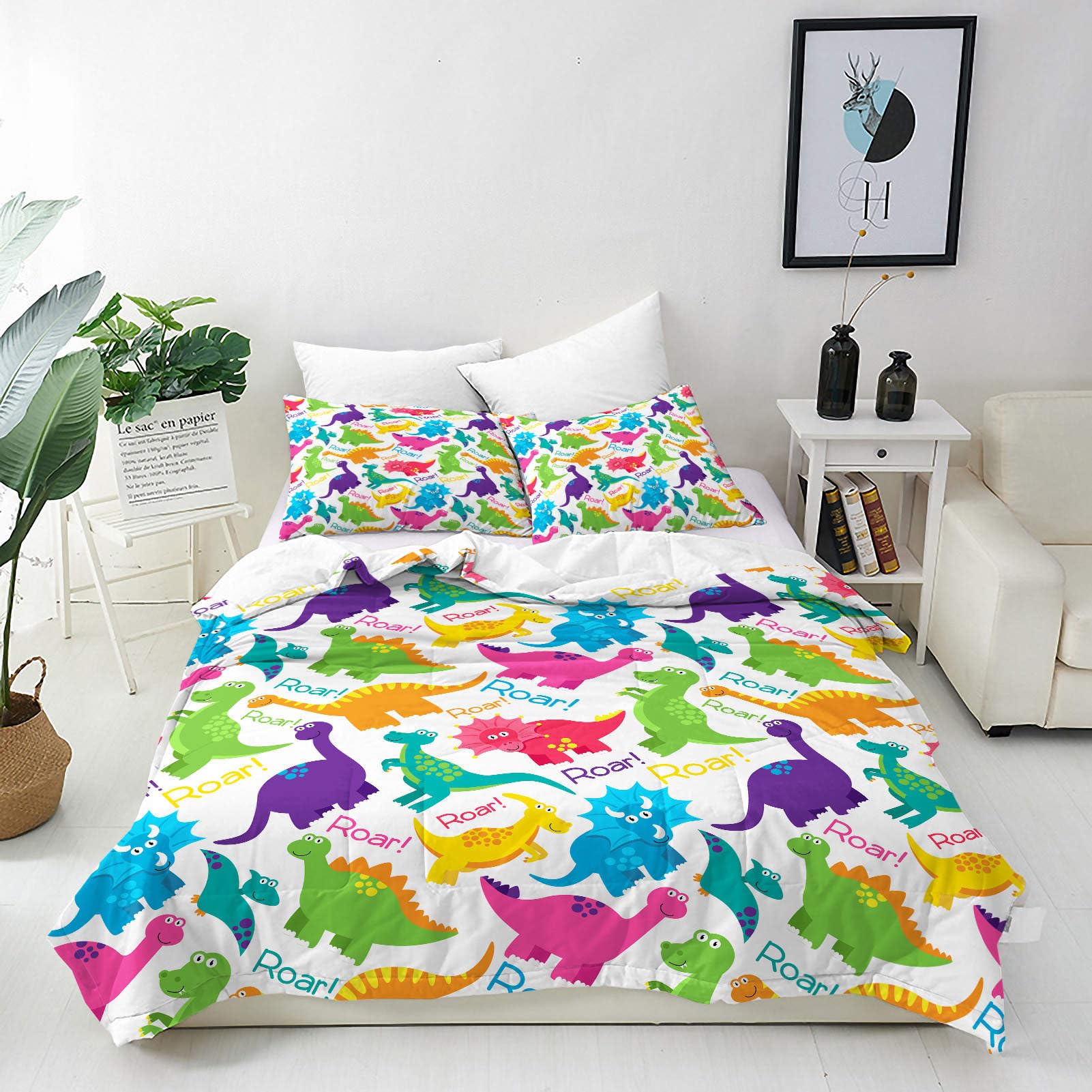 ANHOPE Dinosaur Duvet Cover Set Soft Comforter Cover Set Cute Cartoon Animal Dino Print Pattern 3 Piece Bedding Set with 2 Pillowcases All Season Quilt Cover with Zipper Closure Super King — image 1