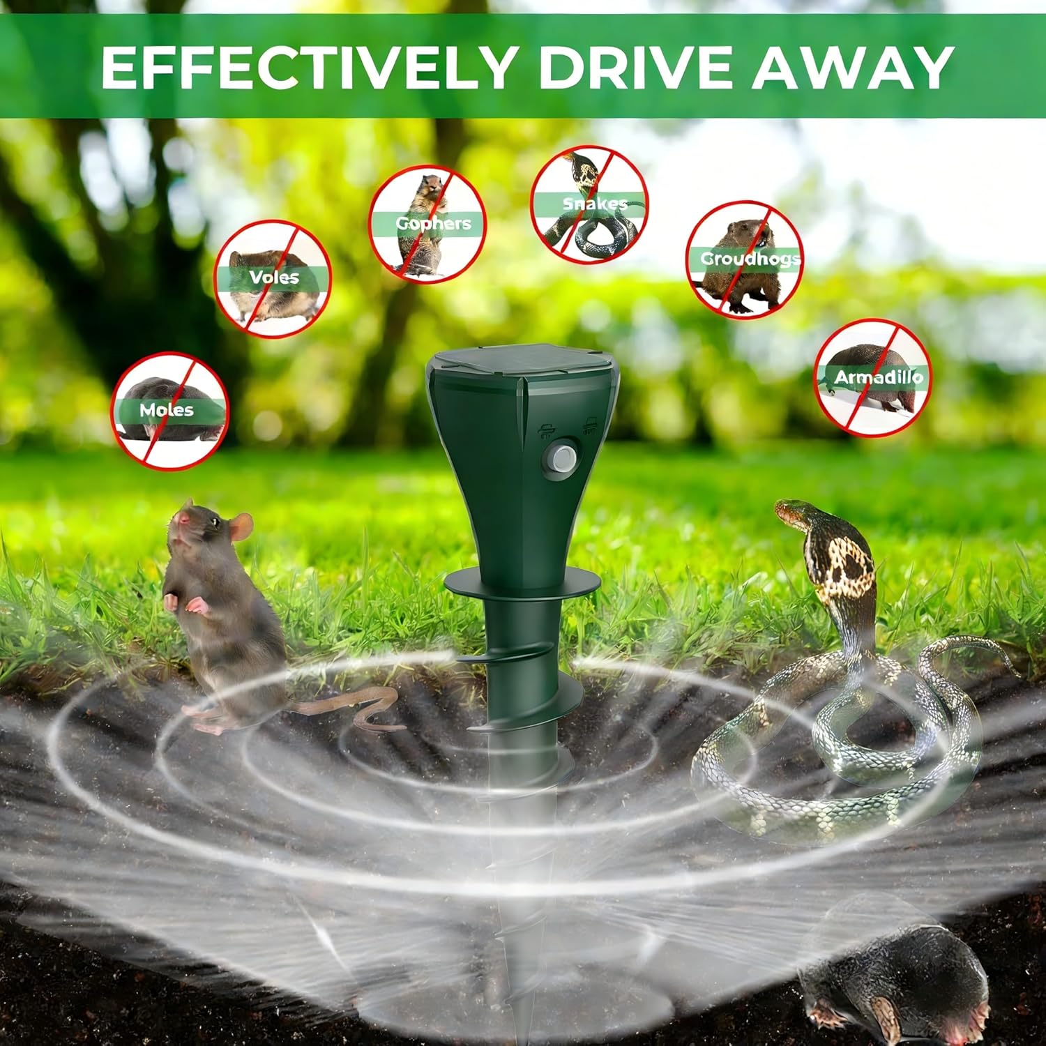 Solar Powered Mole Repellent for Lawns, 4 Packs Ultrasonic Vole Repeller Outdoor, IP 65 Waterproof Outdoor Ultrasonic Mole Deterrent Get Rid of Gopher Vole Skunk Groundhog Snake in Garden Yard Lawn